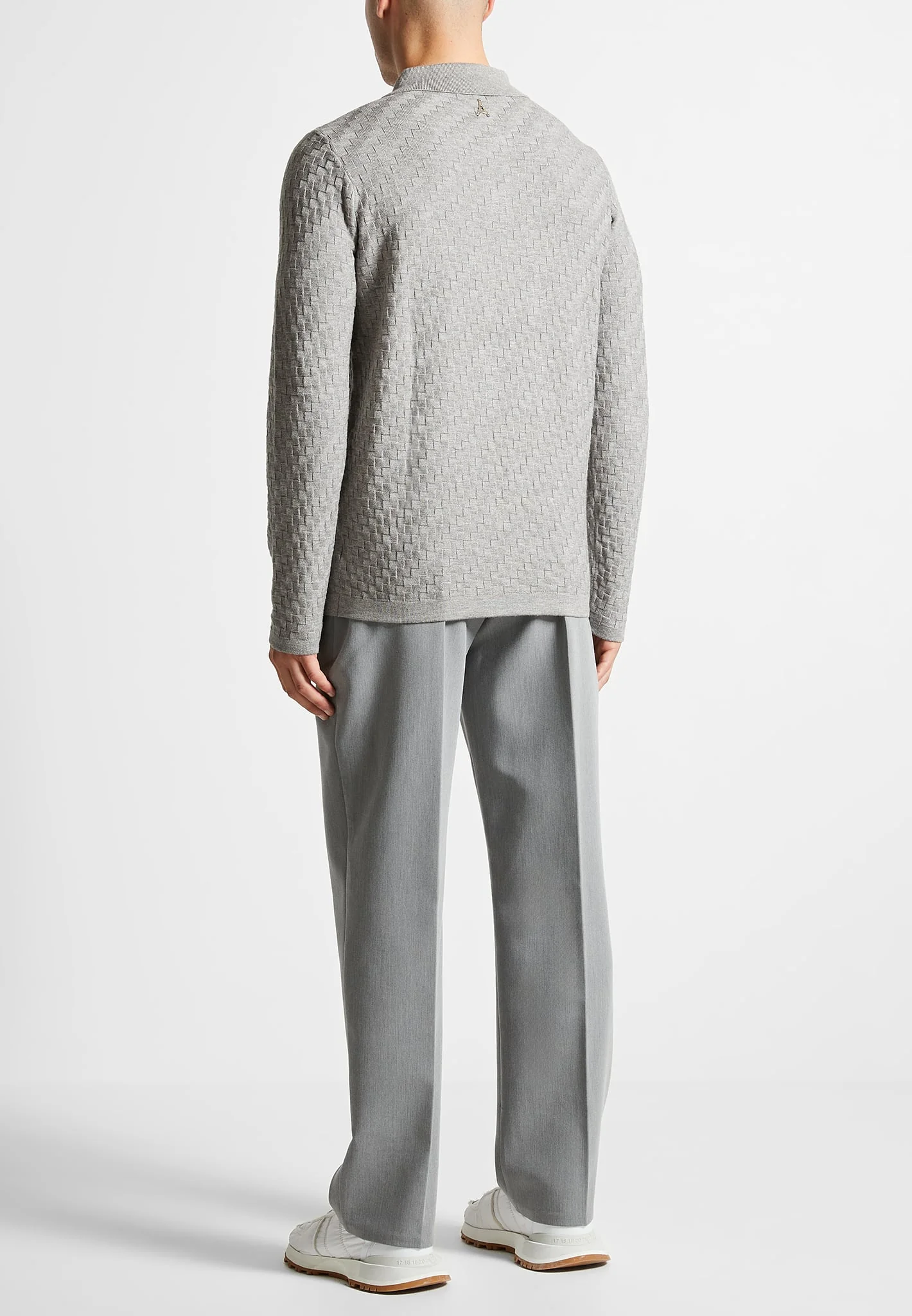 Cotton Blend Waffle Knit Long Sleeve Polo Top - Grey - Image 4
