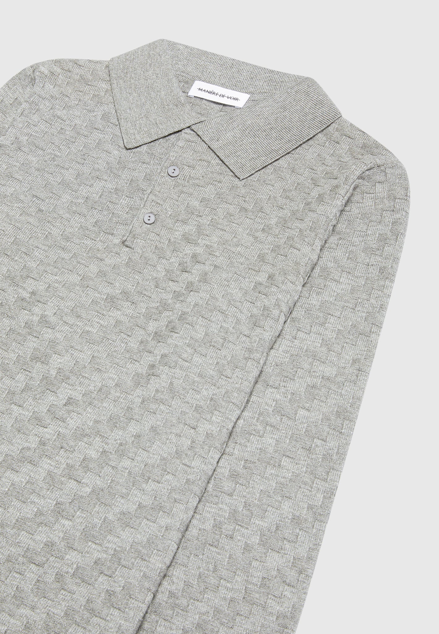Cotton Blend Waffle Knit Long Sleeve Polo Top - Grey - Image 5