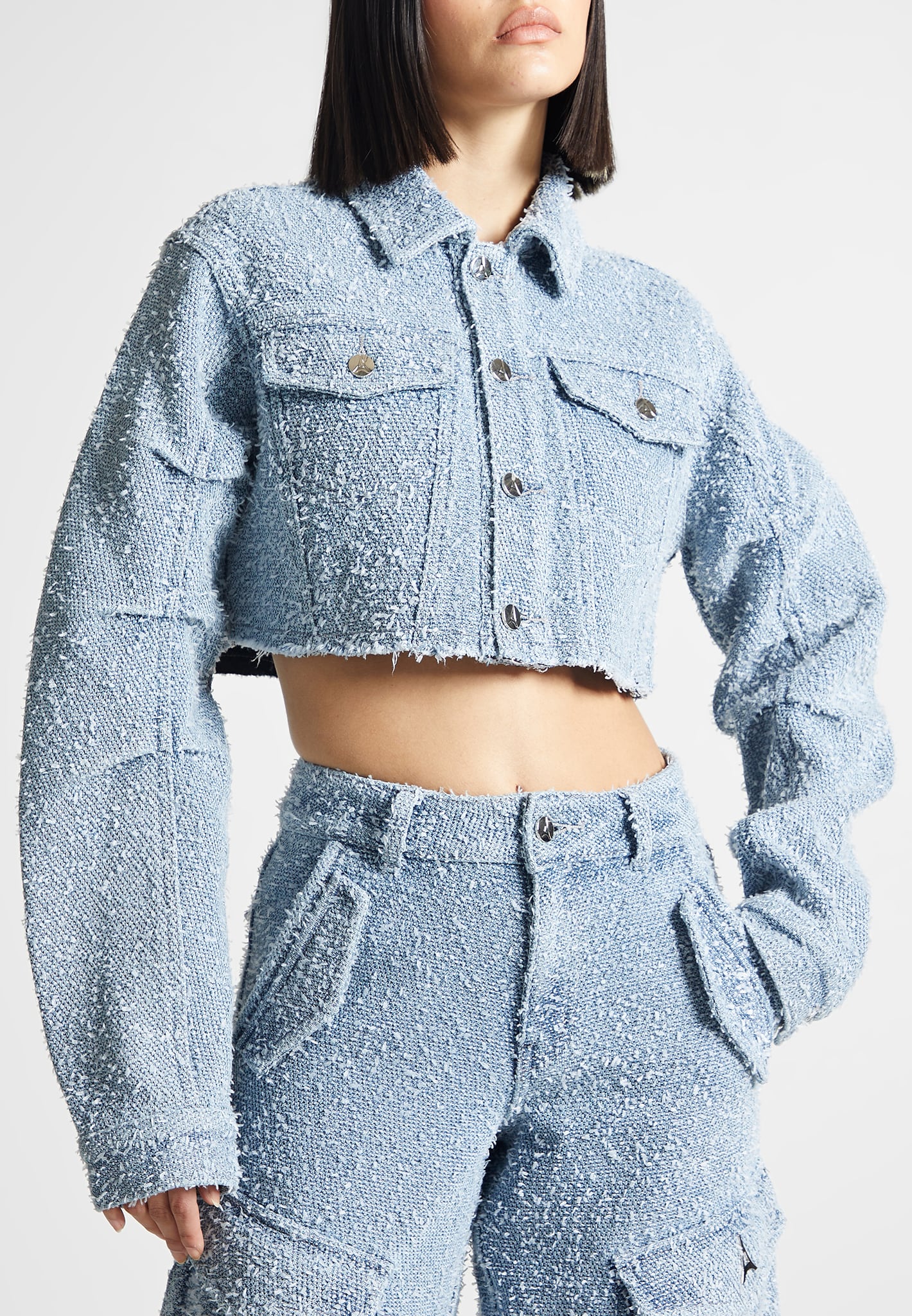 Catherine - Cropped Boucle Denim Jacket - Mid Blue - Image 3