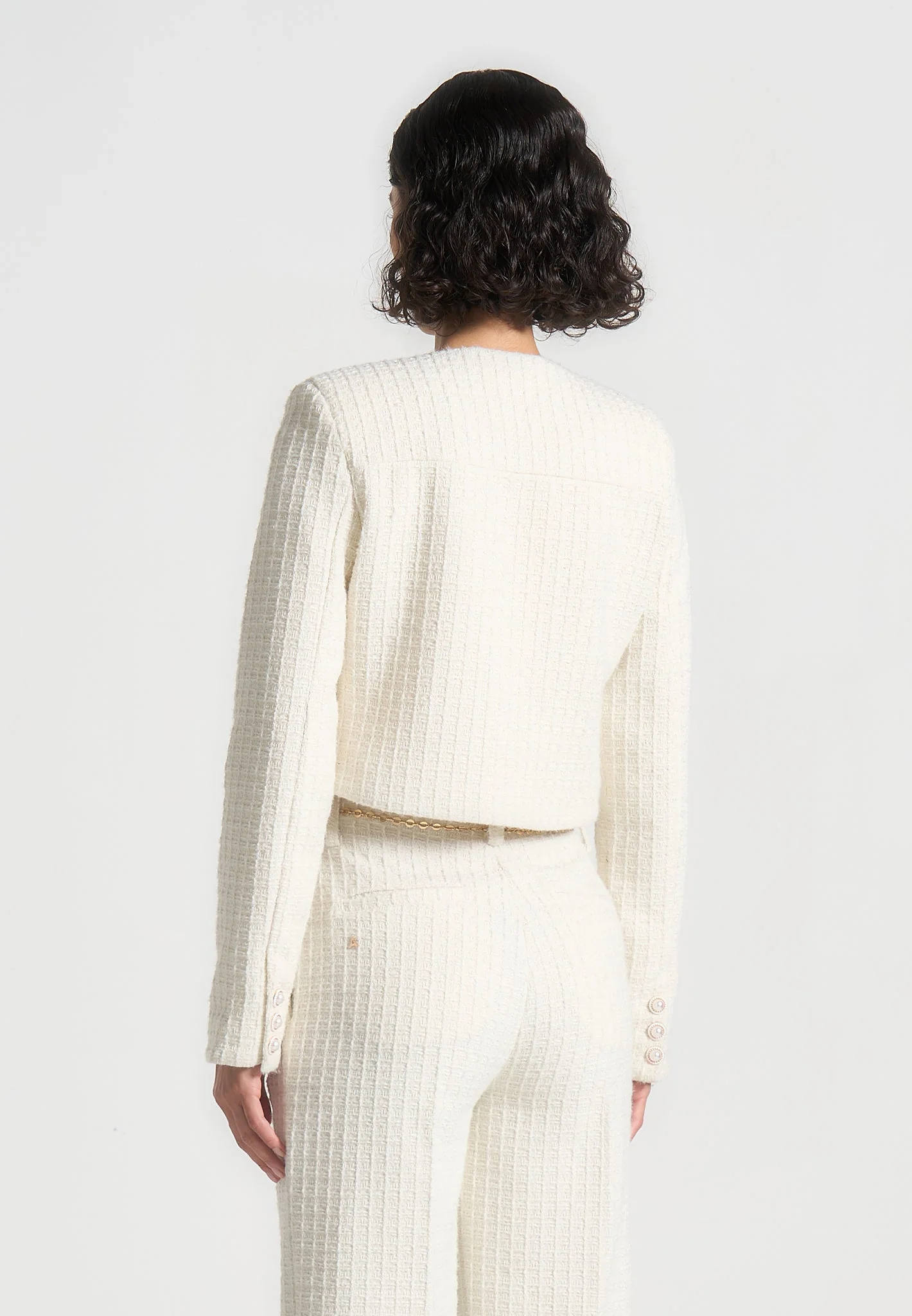 Celine - Cropped Tweed Jacket with Pearls - Cream - Image 4