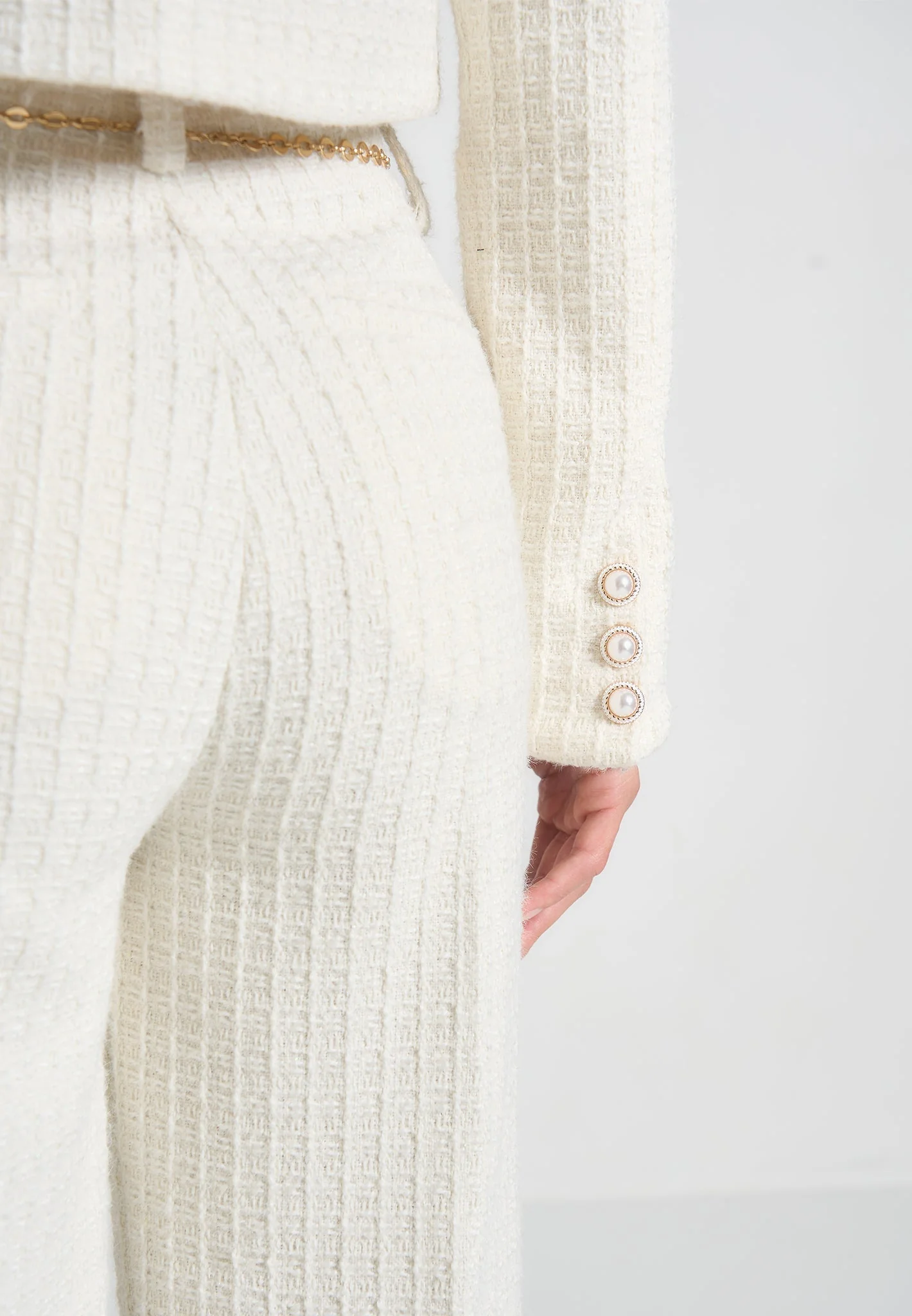 Celine - Cropped Tweed Jacket with Pearls - Cream - Image 5