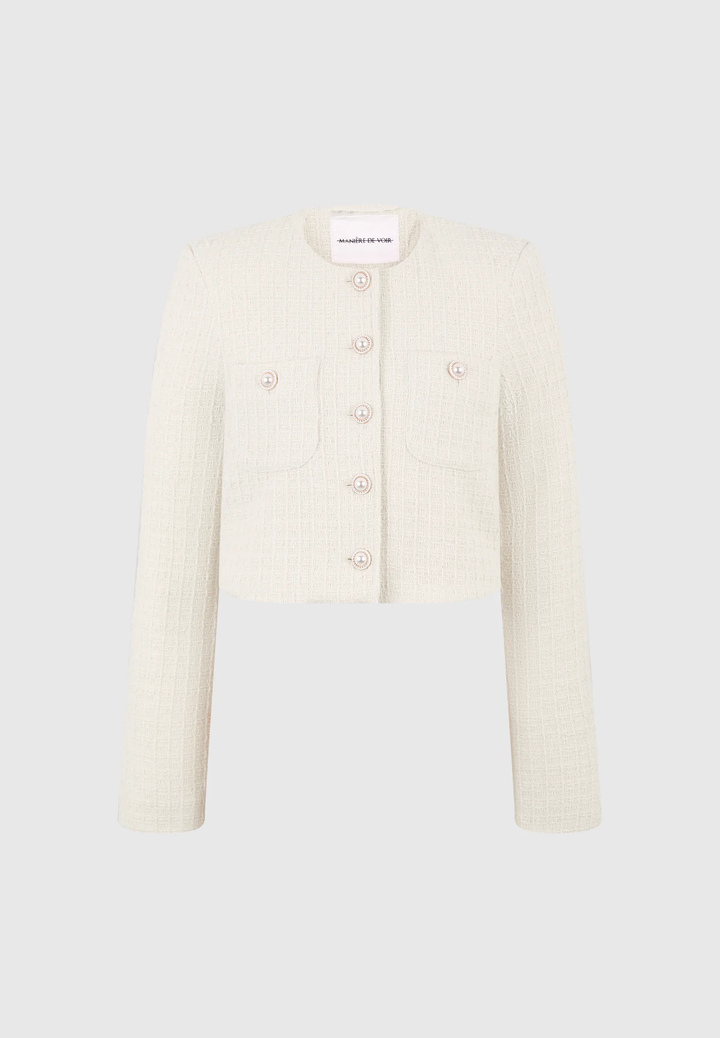 Celine - Cropped Tweed Jacket with Pearls - Cream - Image 6