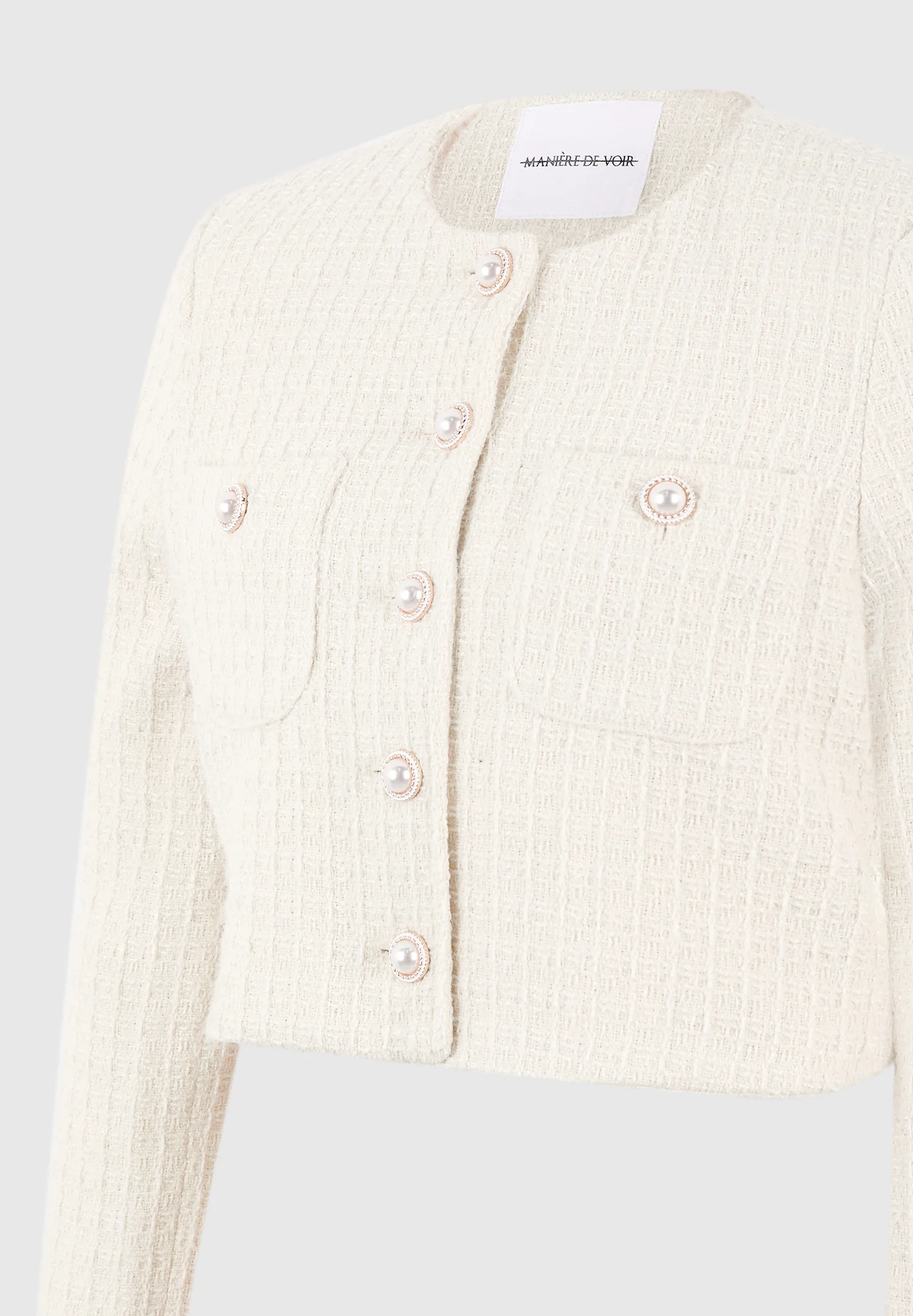 Celine - Cropped Tweed Jacket with Pearls - Cream - Image 7