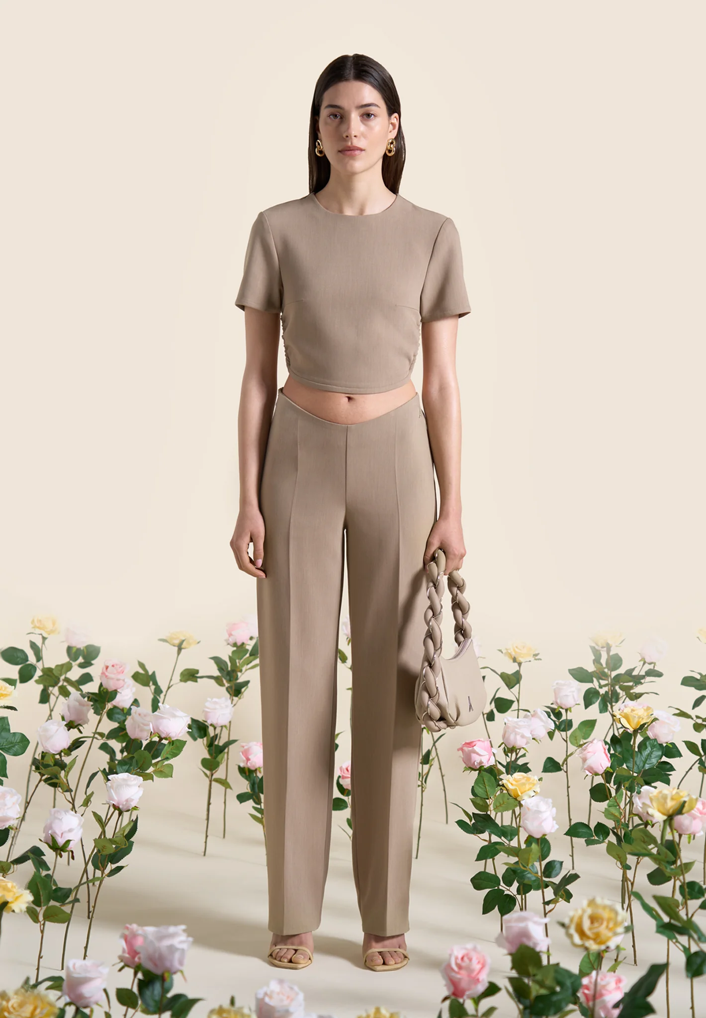 Curved Hem Backless Top with Tie - Dark Beige - Image 3