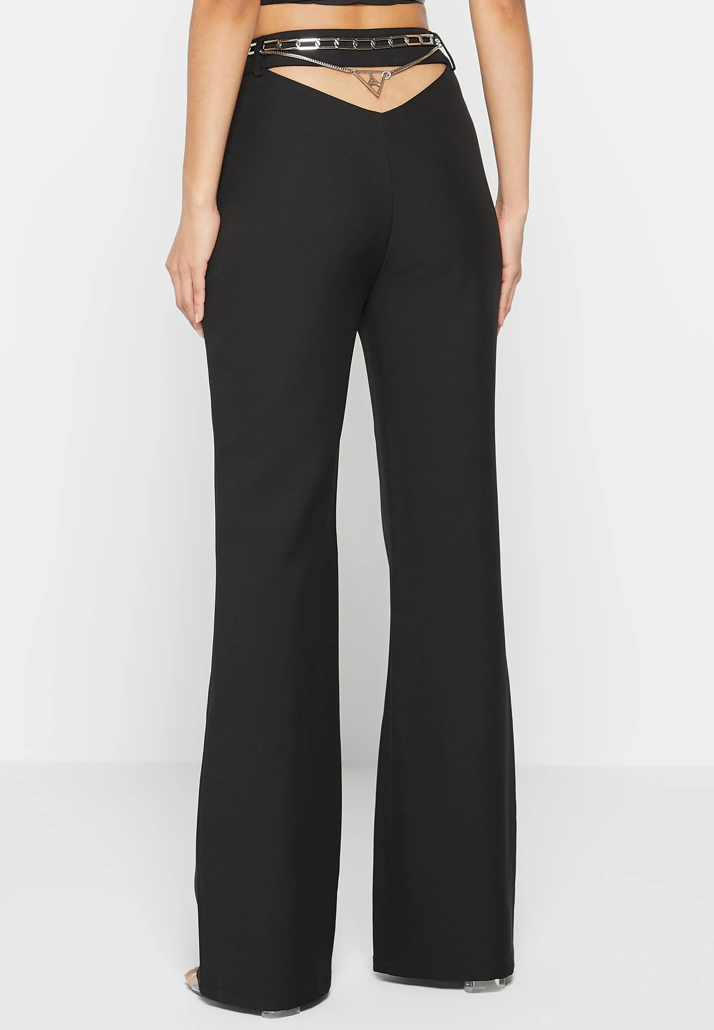 Cut Out Flared Trousers with Chain Belt - Black - Image 4