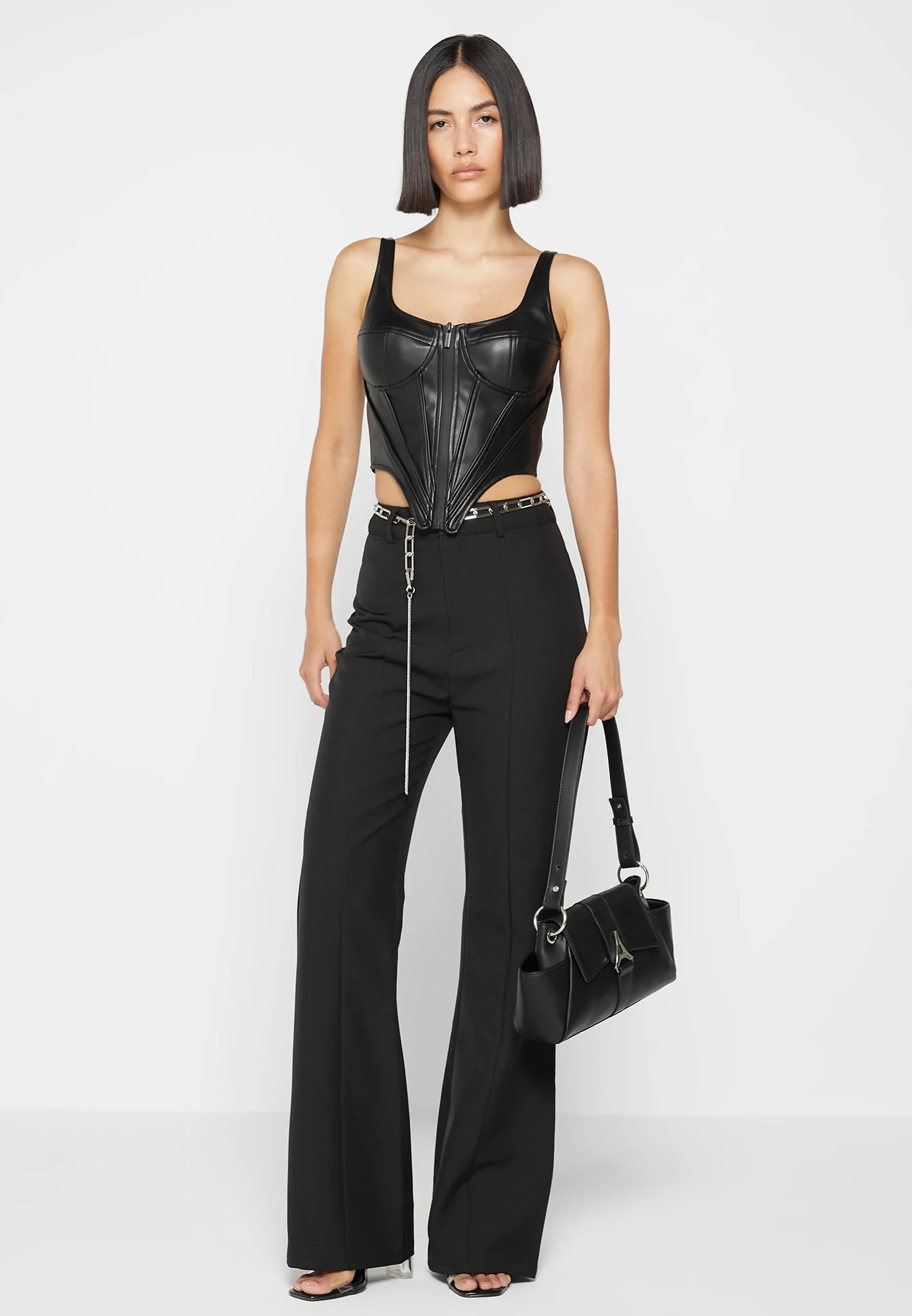 Cut Out Flared Trousers with Chain Belt - Black - Image 6
