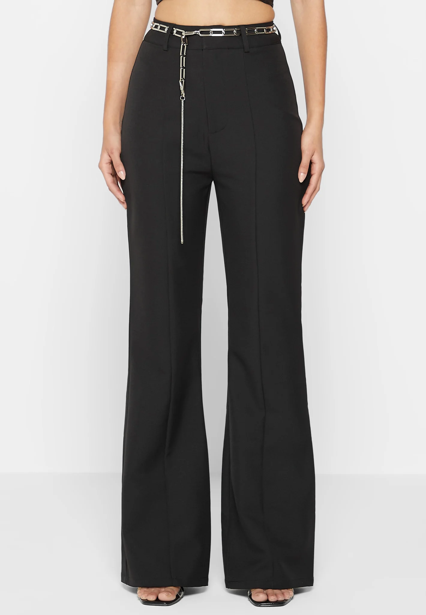 Cut Out Flared Trousers with Chain Belt - Black - Image 7