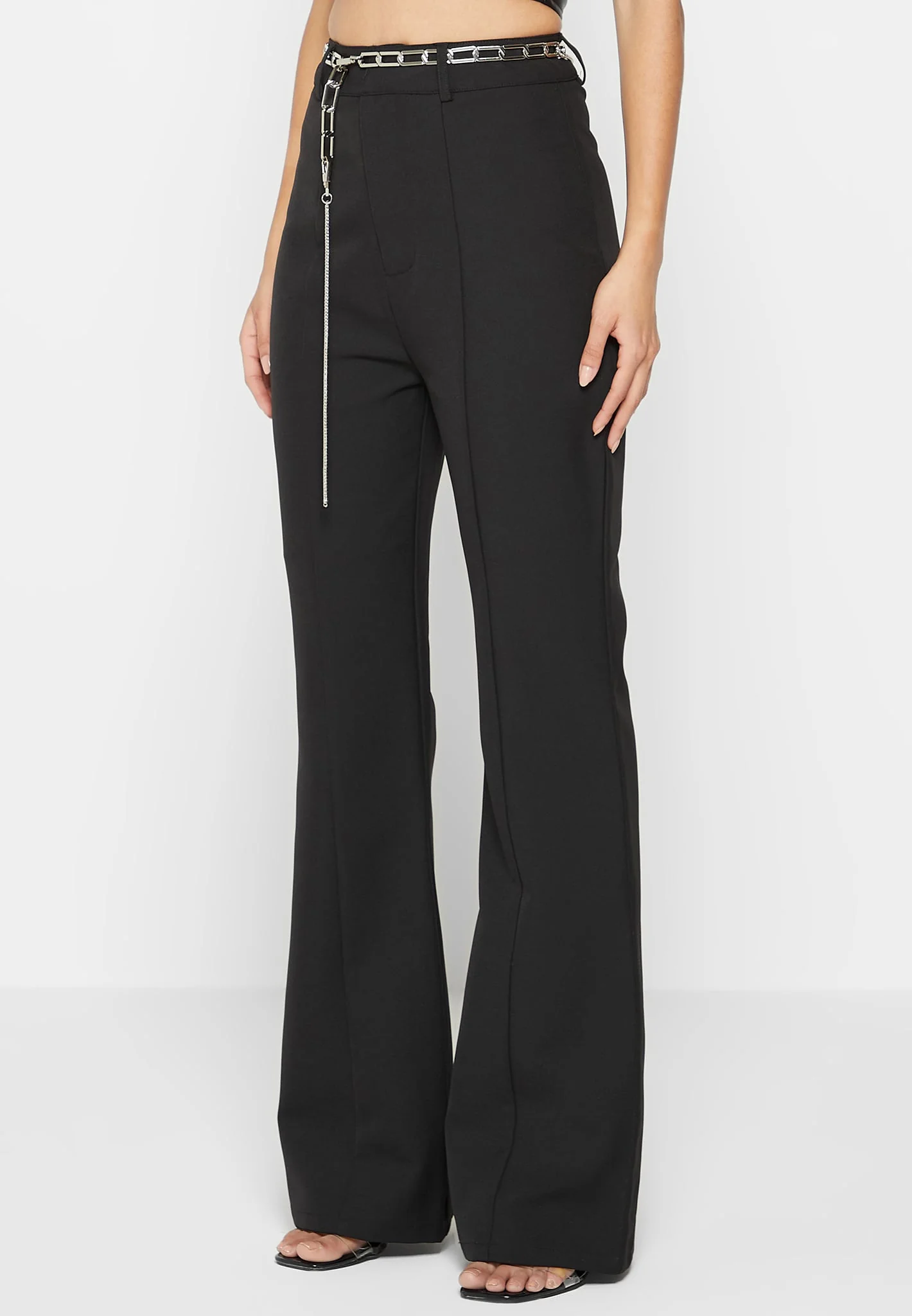 Cut Out Flared Trousers with Chain Belt - Black - Image 8