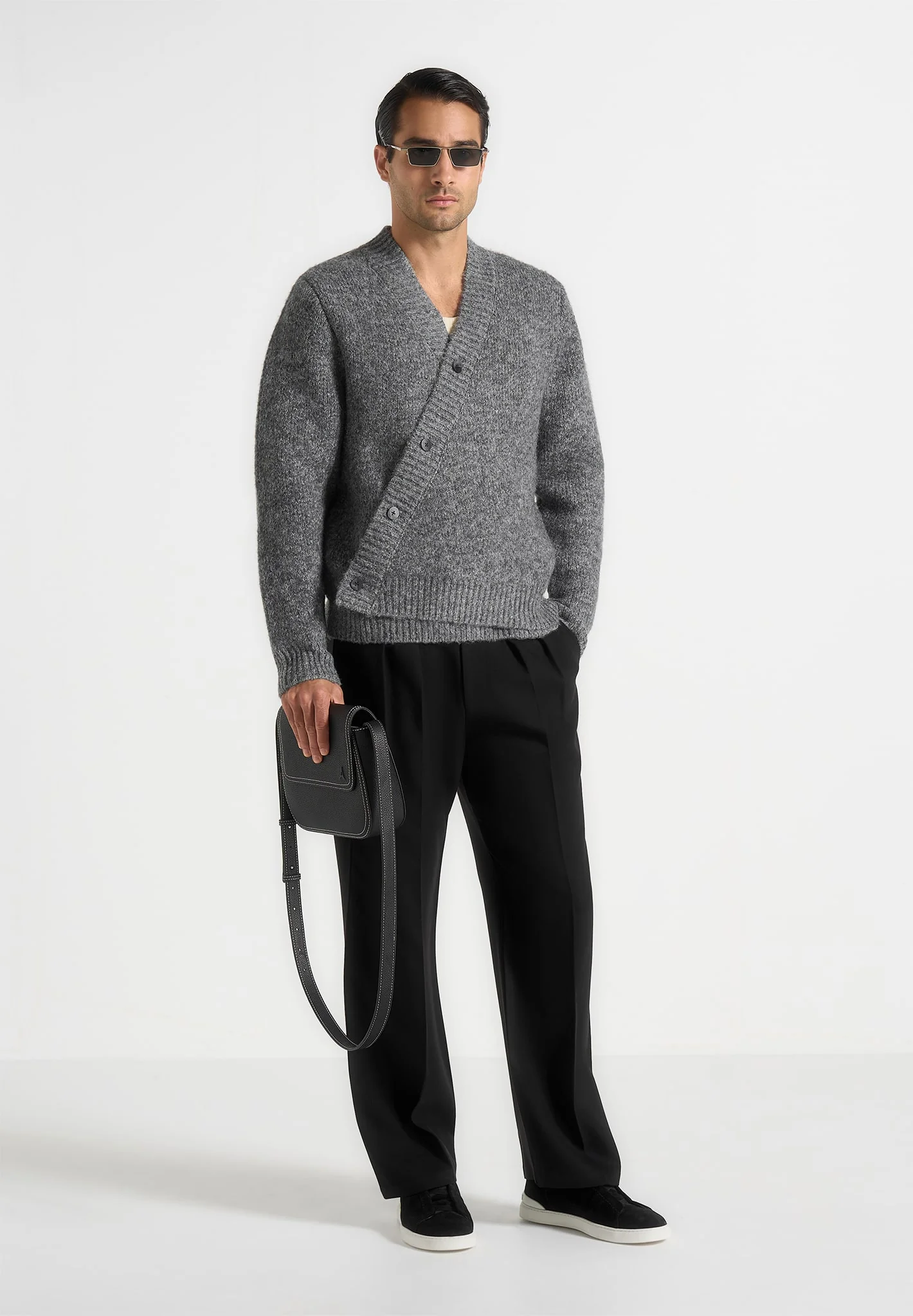 Dani - Unisex Asymmetric Brushed Wool Knit Cardigan - Grey - Image 2