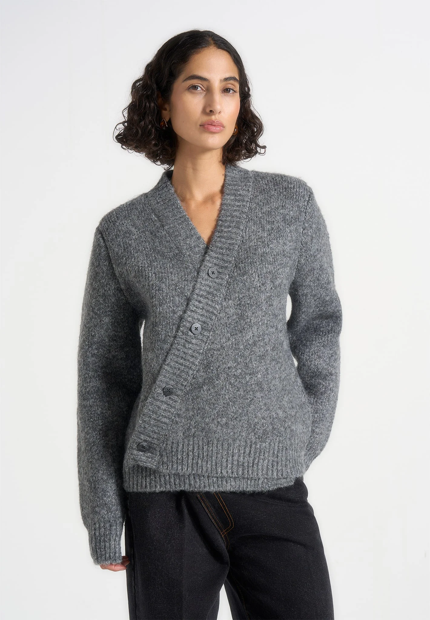 Dani - Unisex Asymmetric Brushed Wool Knit Cardigan - Grey - Image 3