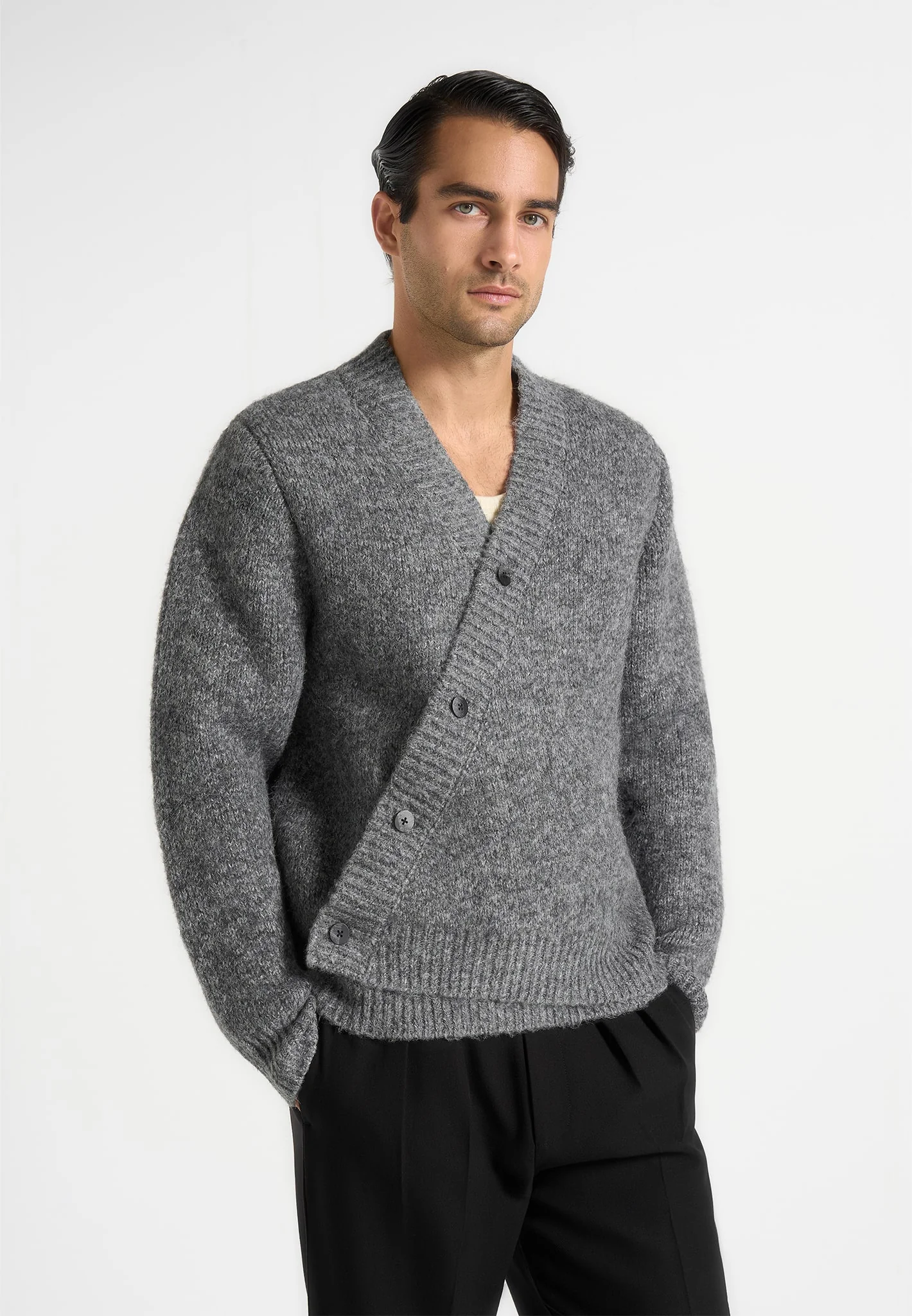 Dani - Unisex Asymmetric Brushed Wool Knit Cardigan - Grey - Image 4