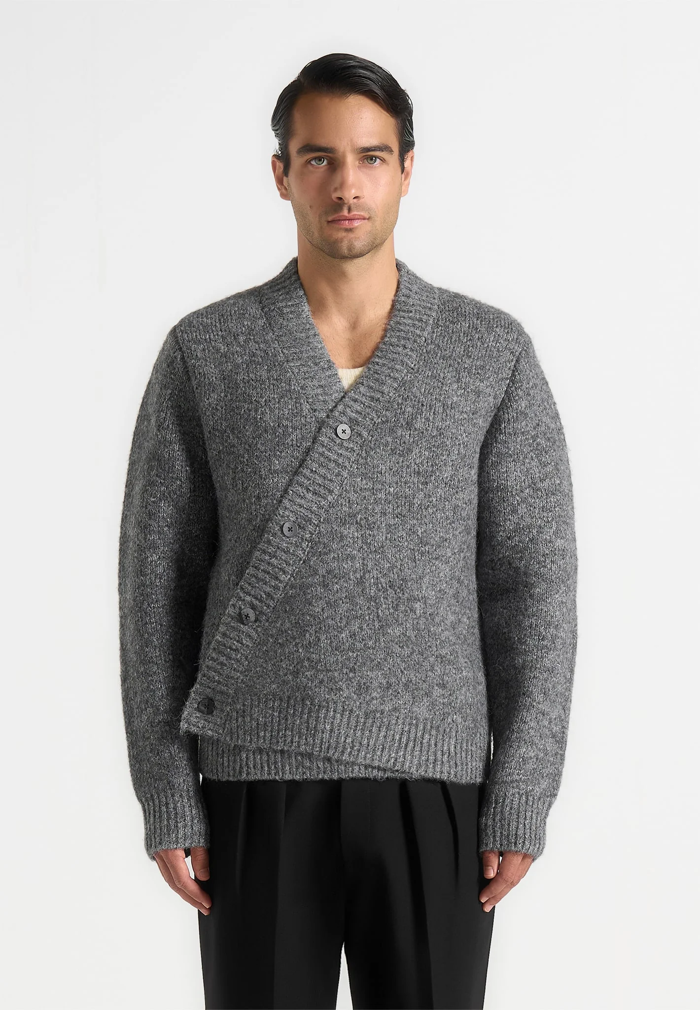 Dani - Unisex Asymmetric Brushed Wool Knit Cardigan - Grey - Image 7