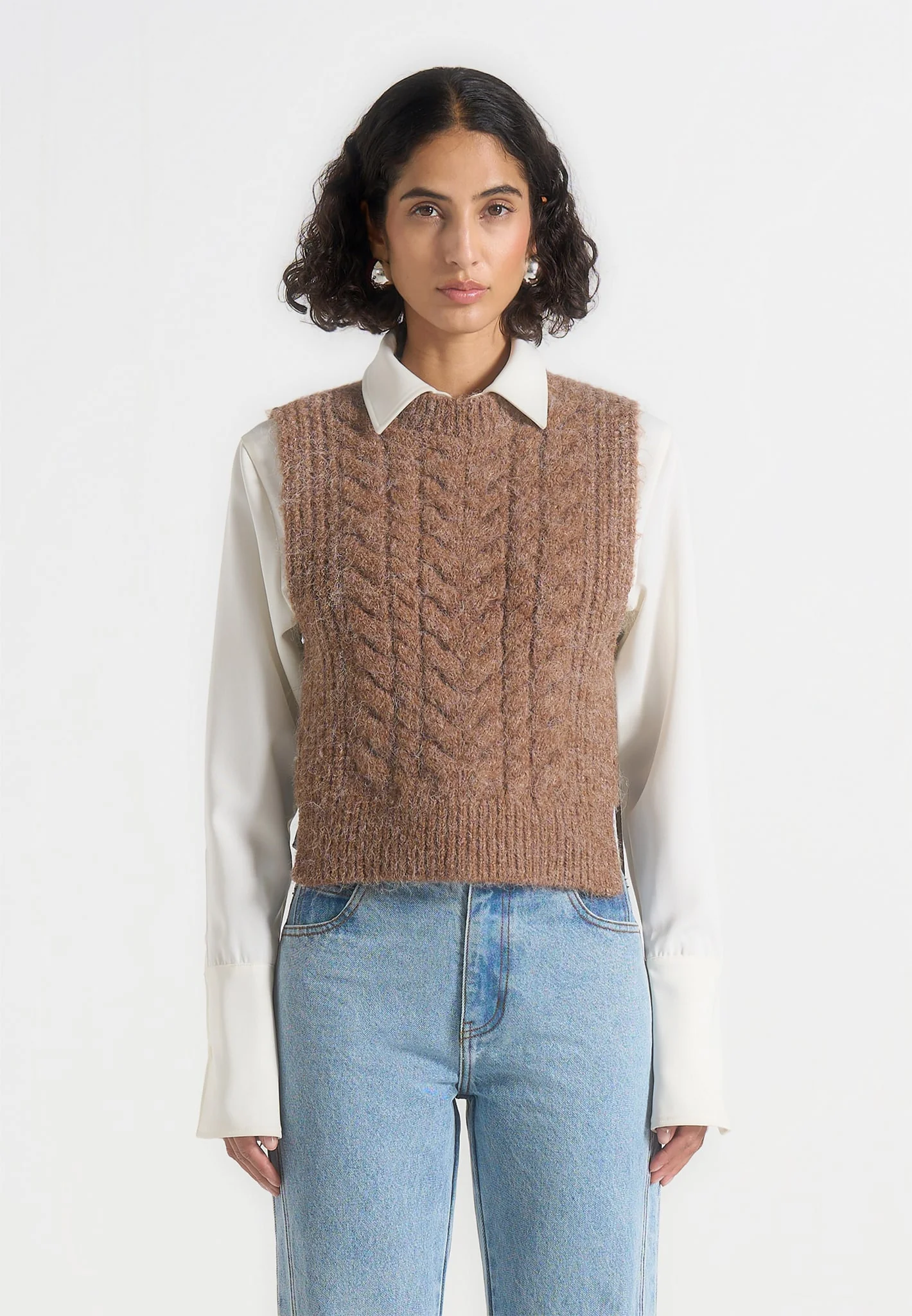 Danya - Wool Cable Knit Vest With Ties - Taupe - Image 3