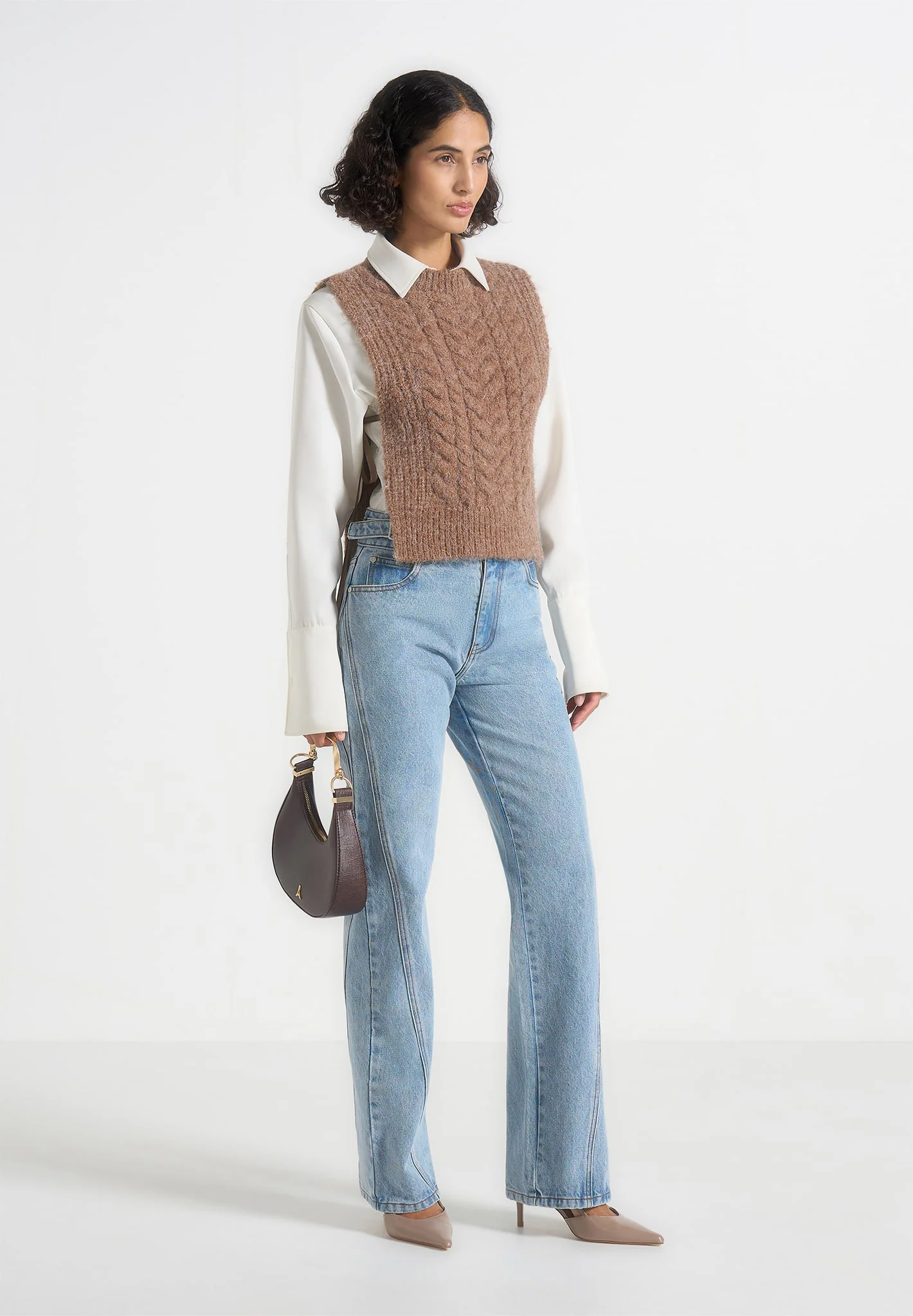 Danya - Wool Cable Knit Vest With Ties - Taupe - Image 4