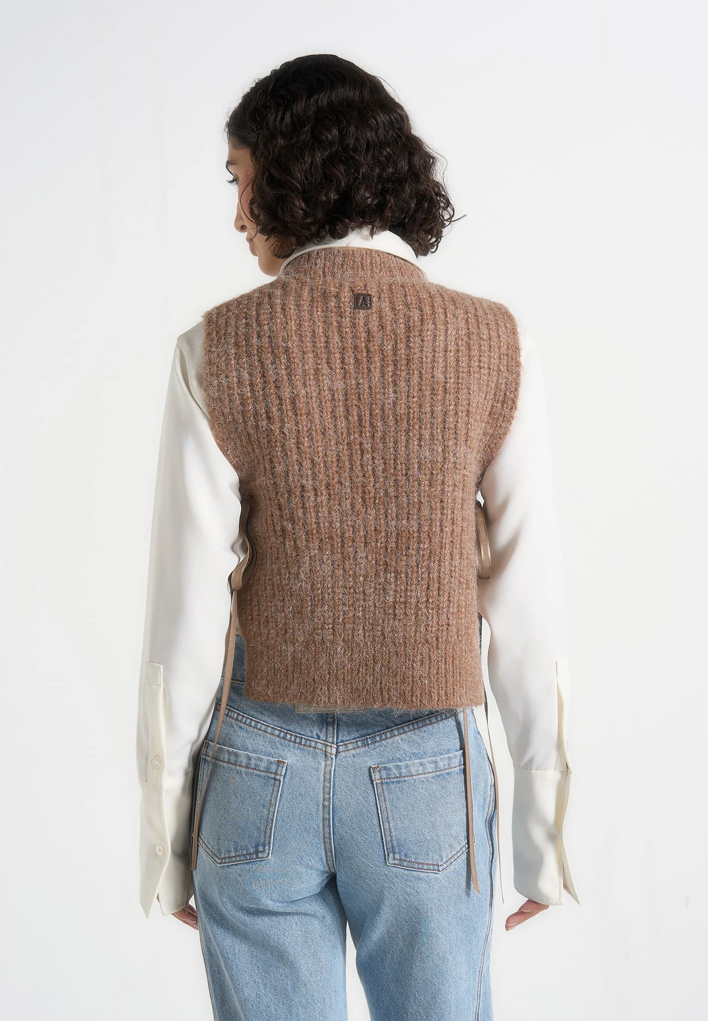 Danya - Wool Cable Knit Vest With Ties - Taupe - Image 5
