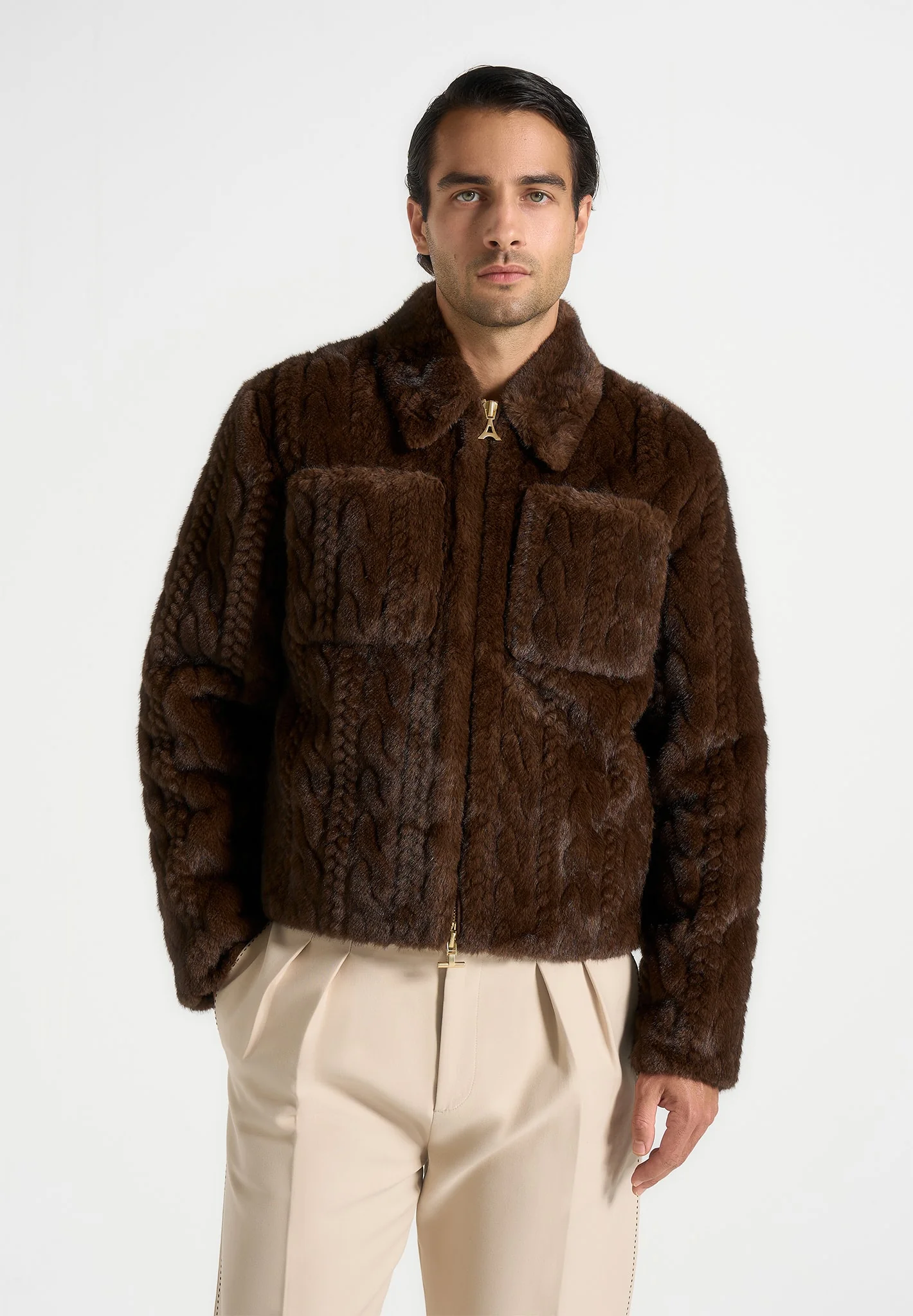 David - Plush Cable Embossed Jacket - Brown - Image 2