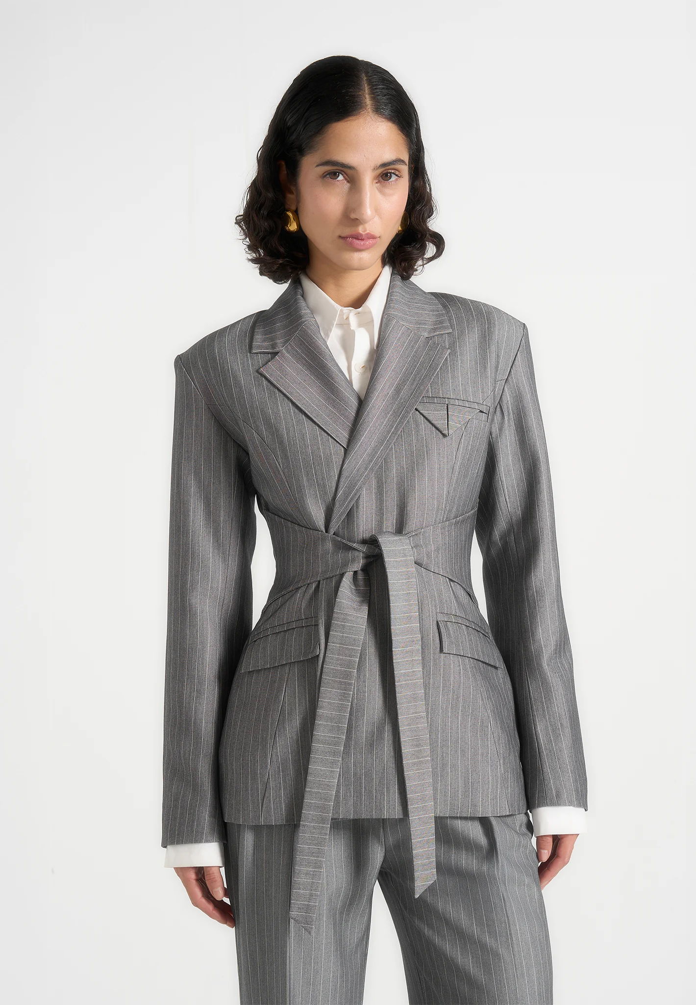 Delphine - Pinstripe Wrap Tie Blazer - Grey