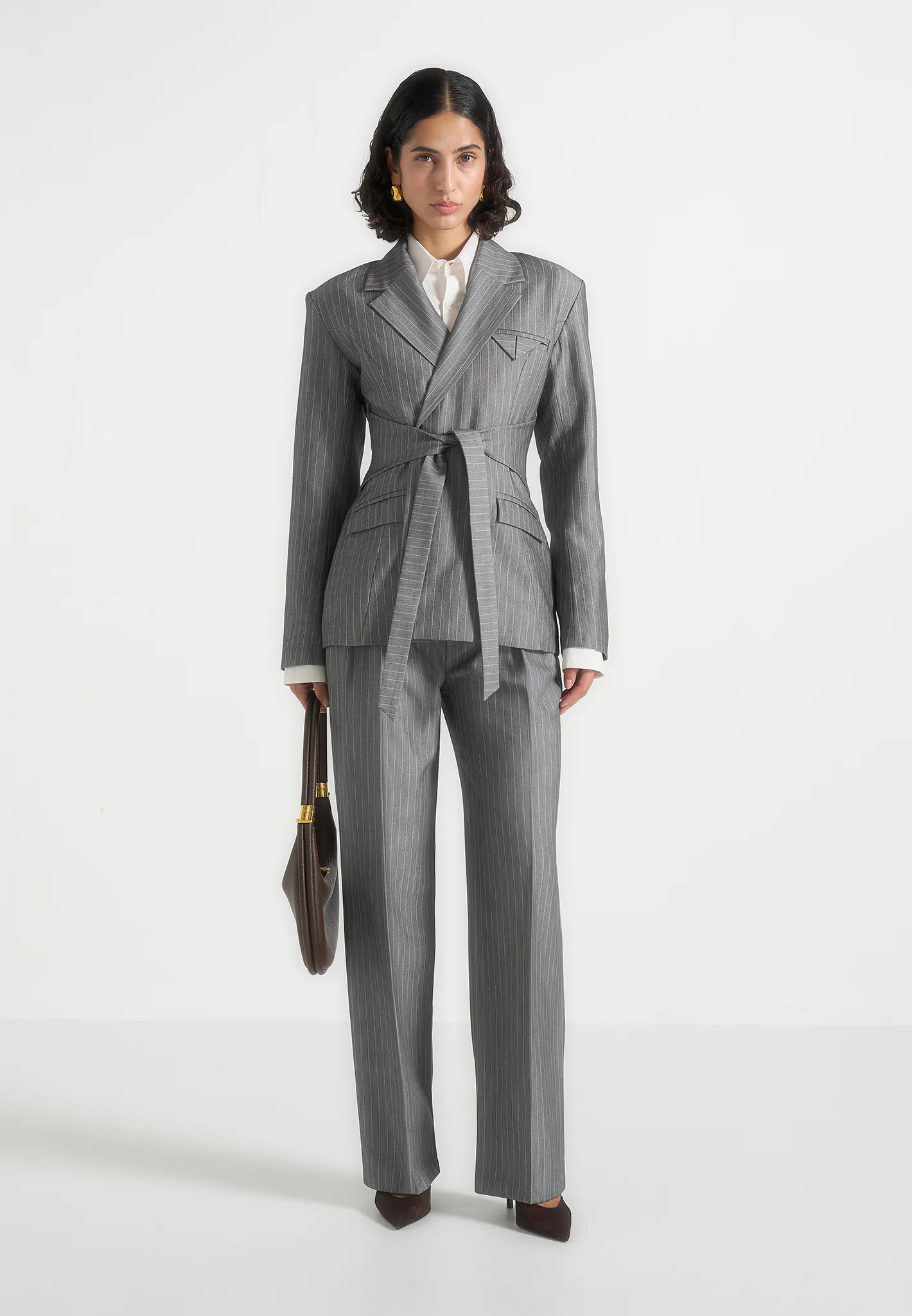 Delphine - Pinstripe Wrap Tie Blazer - Grey - Image 2
