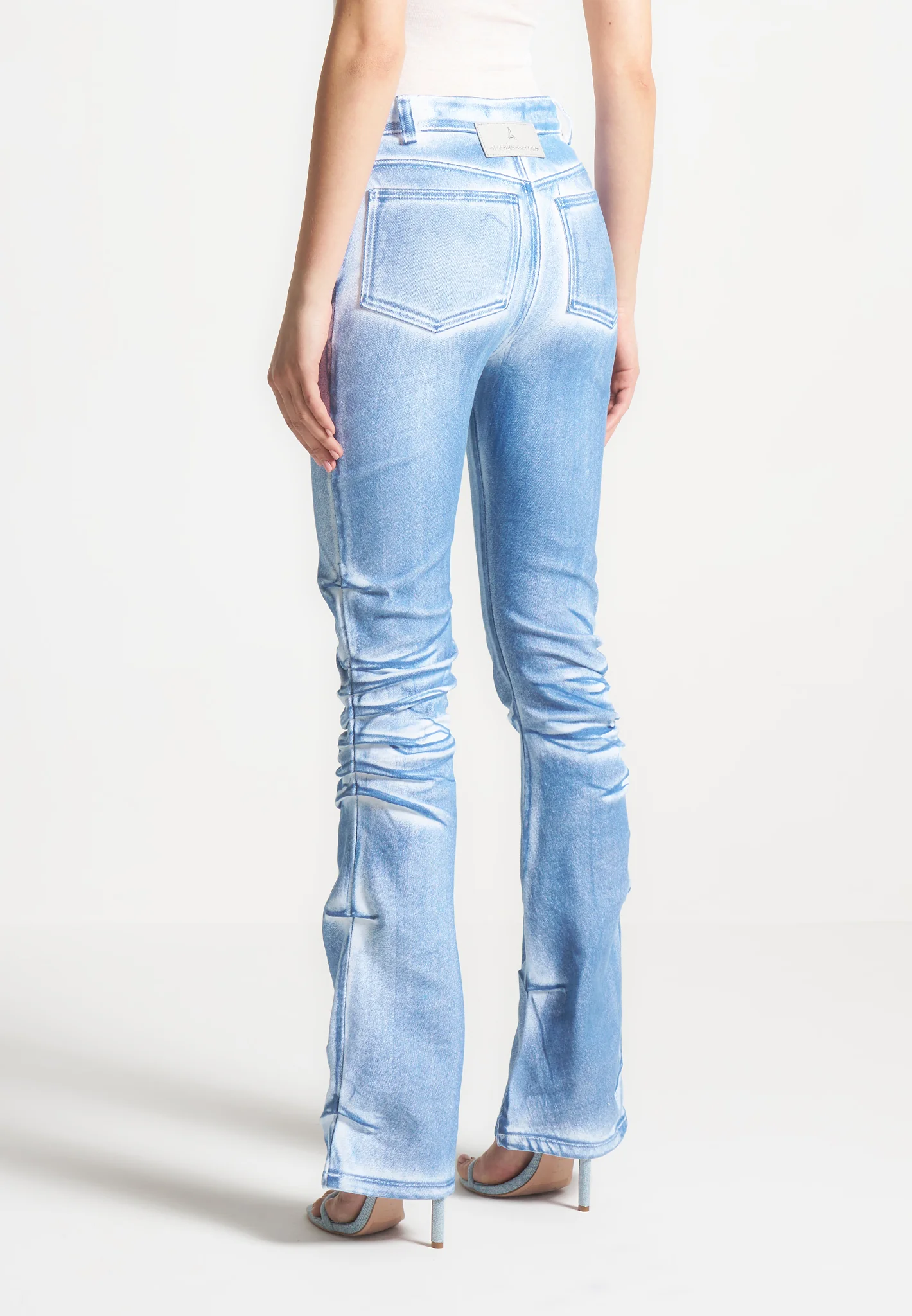 Denim Effect Tacked Fit and Flare Jeans - White/Blue - Image 4