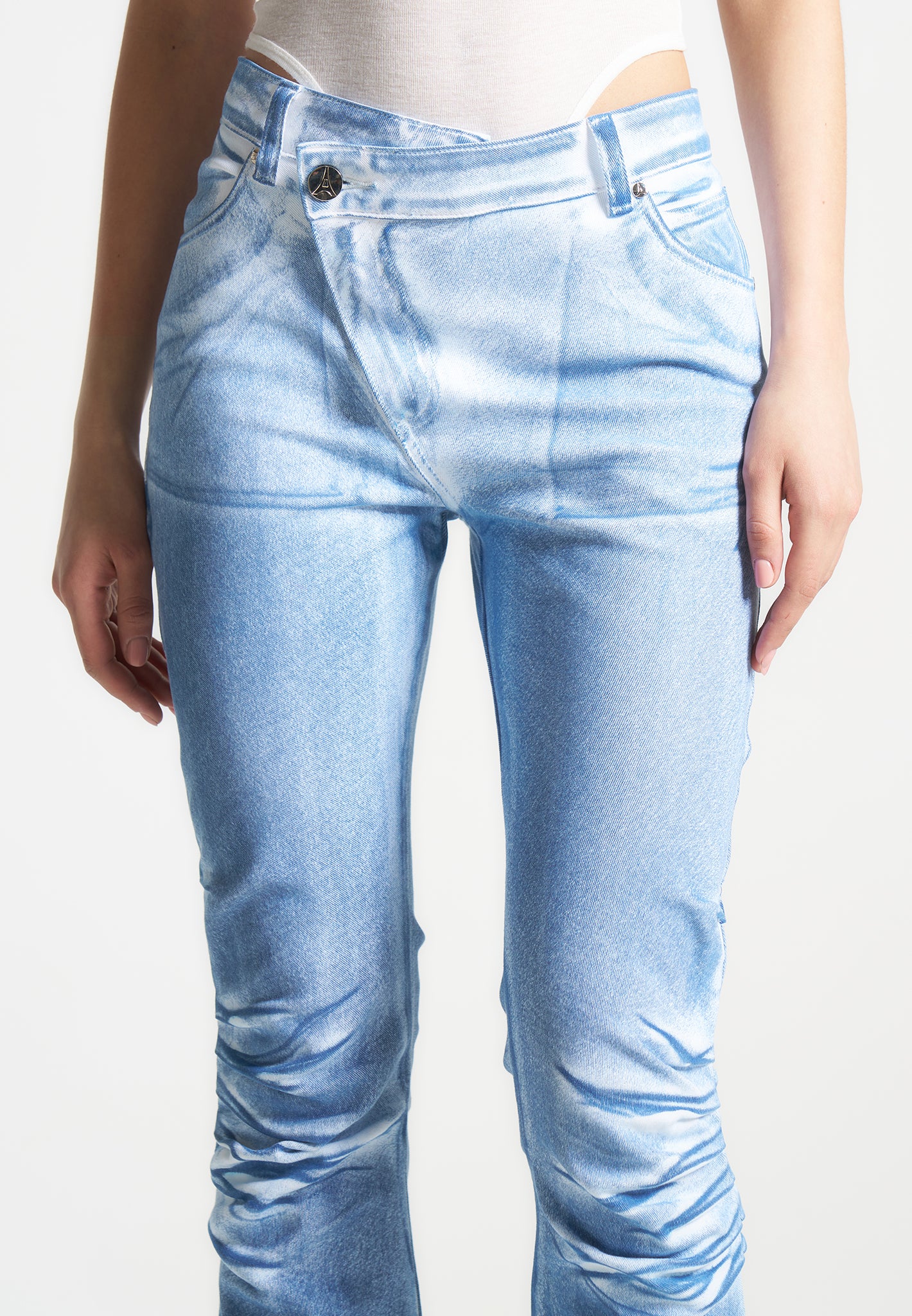 Denim Effect Tacked Fit and Flare Jeans - White/Blue - Image 5