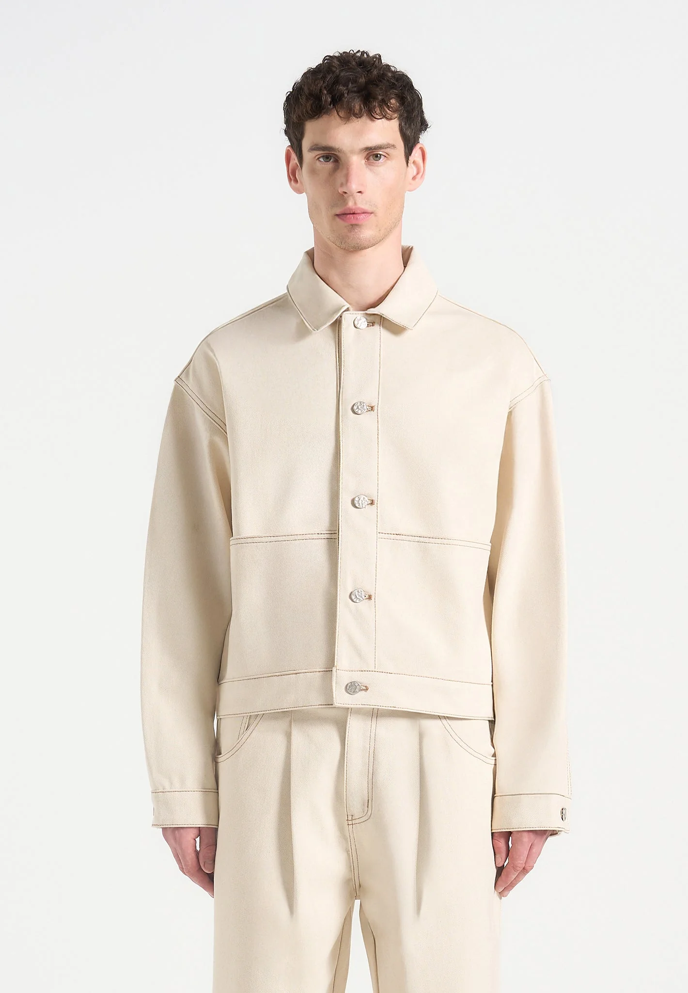 Damien - Denim Jacket with Back Pleat - Cream - Image 6