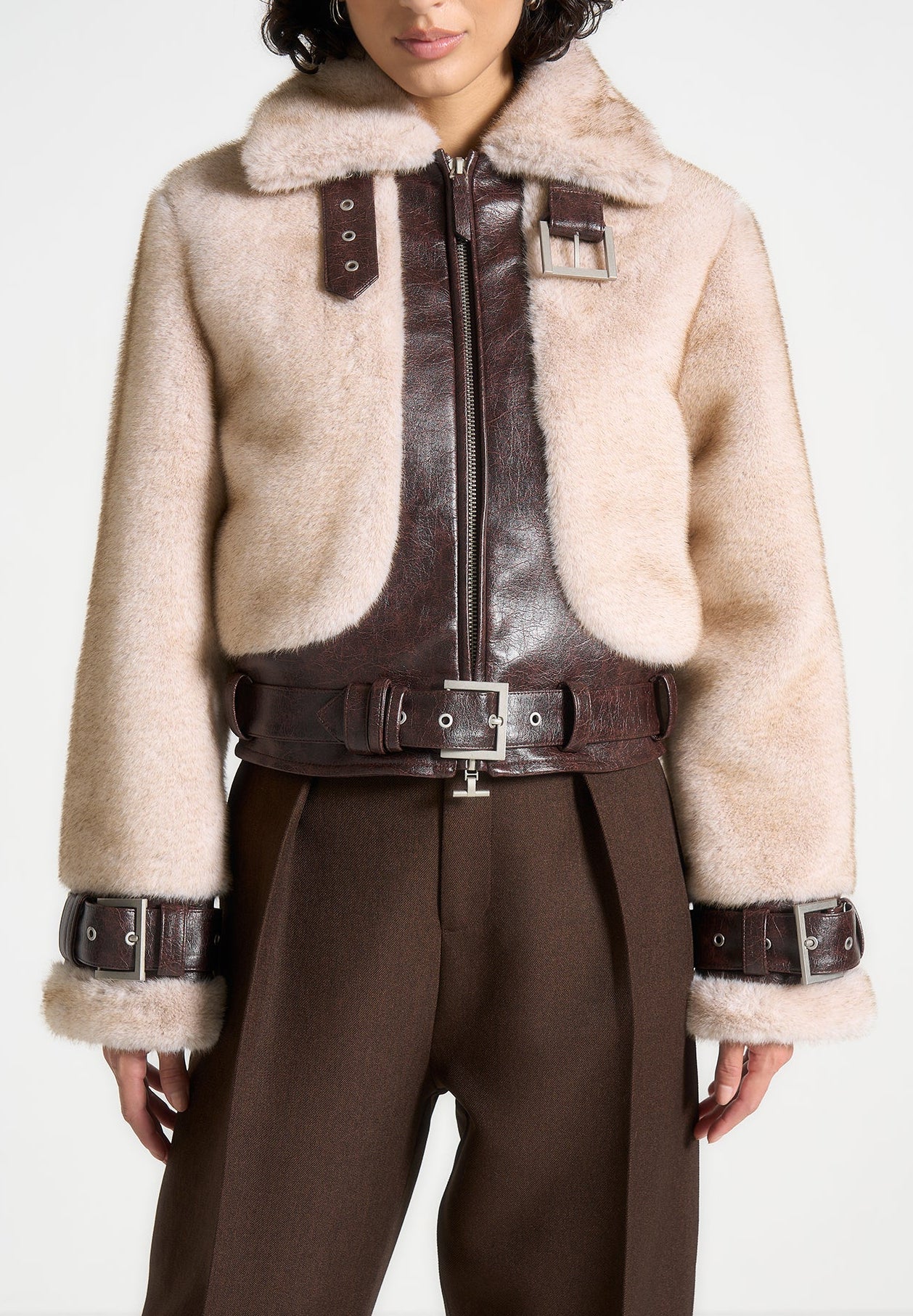 Deya - Plush & Leather Leather Belted Jacket - Beige/Brown - Image 3