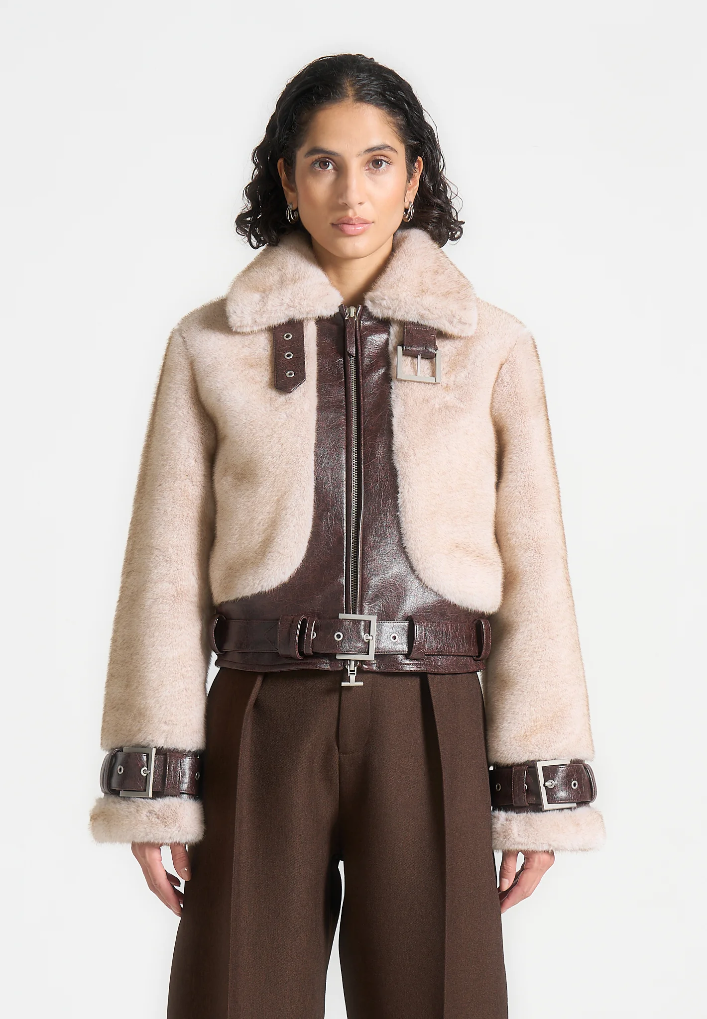 Deya - Plush & Leather Leather Belted Jacket - Beige/Brown - Image 4