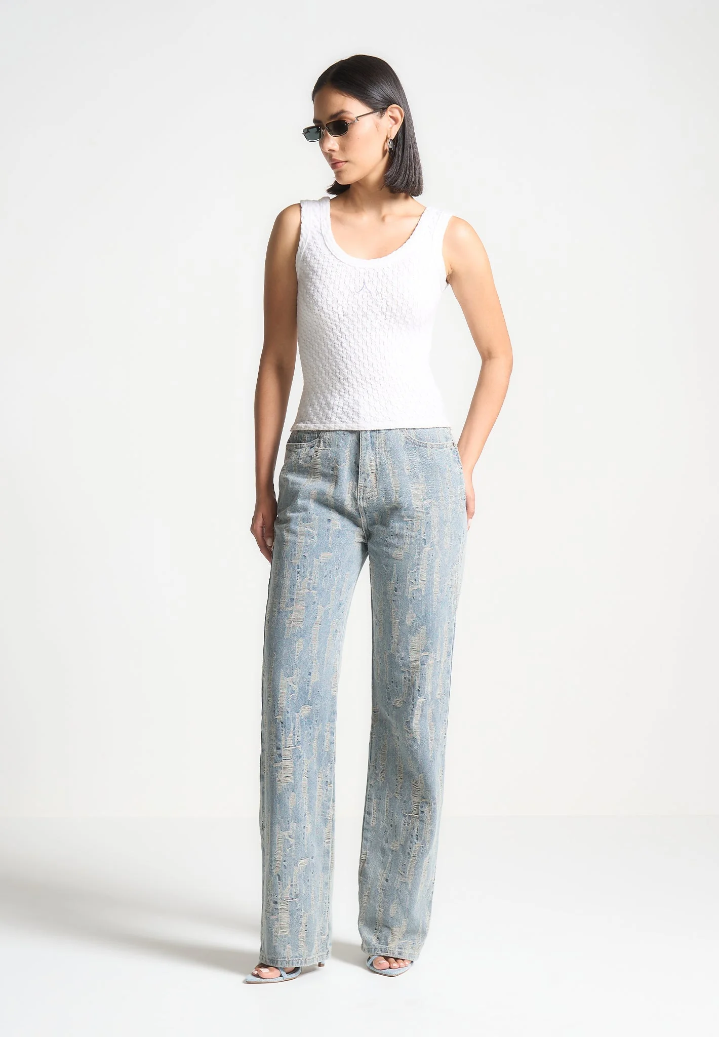 Florence - Distressed High Rise Straight Leg Jeans - Mid Blue - Image 3