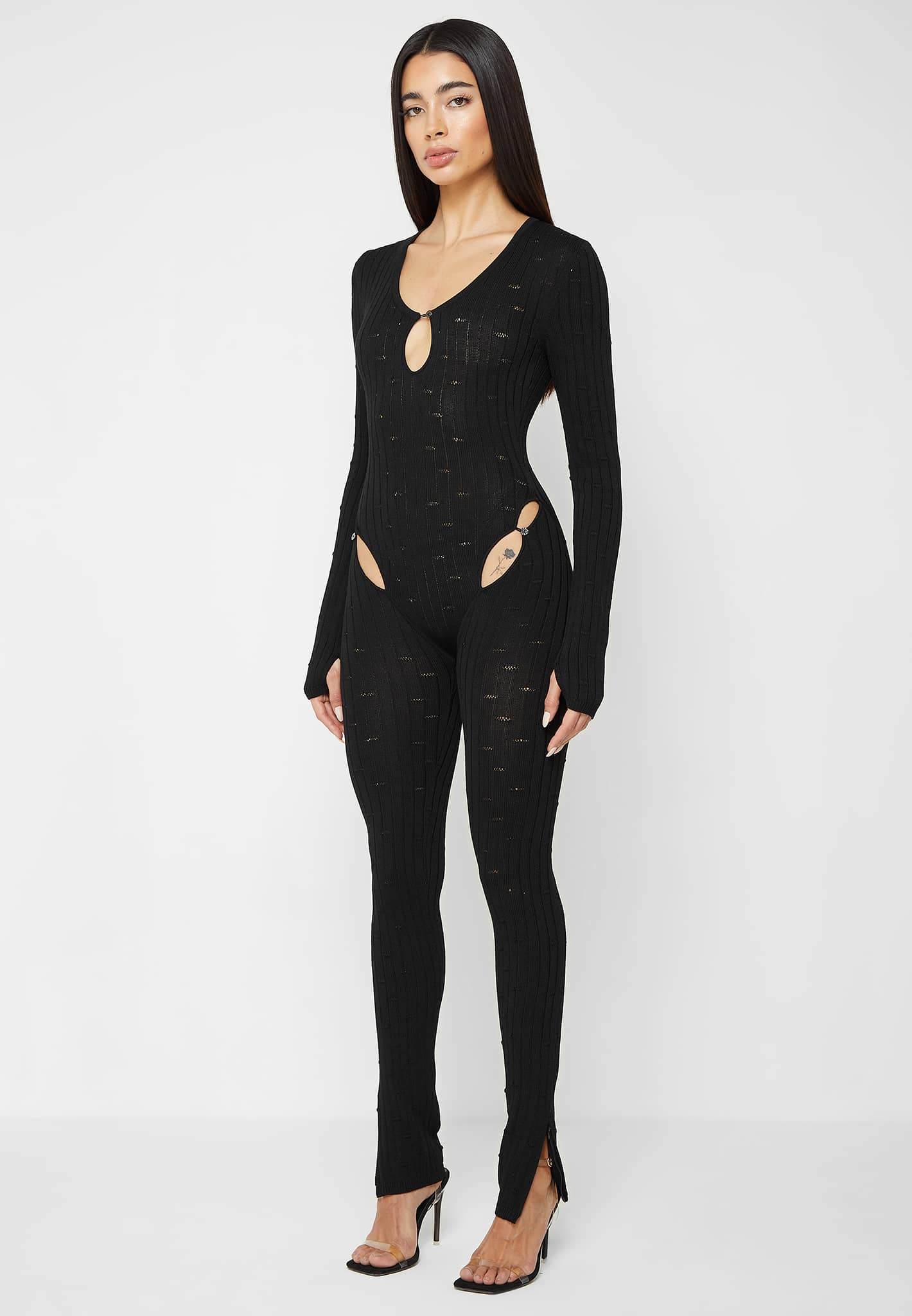 Distressed Knitted Cut Out Jumpsuit - Black - Image 4