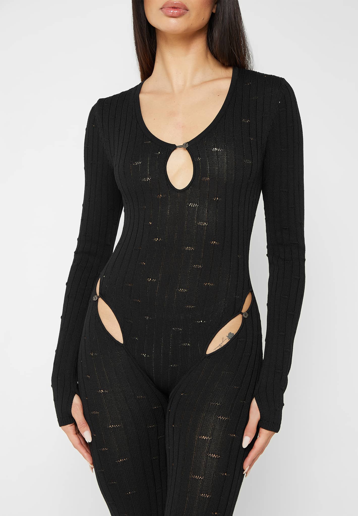 Distressed Knitted Cut Out Jumpsuit - Black - Image 6