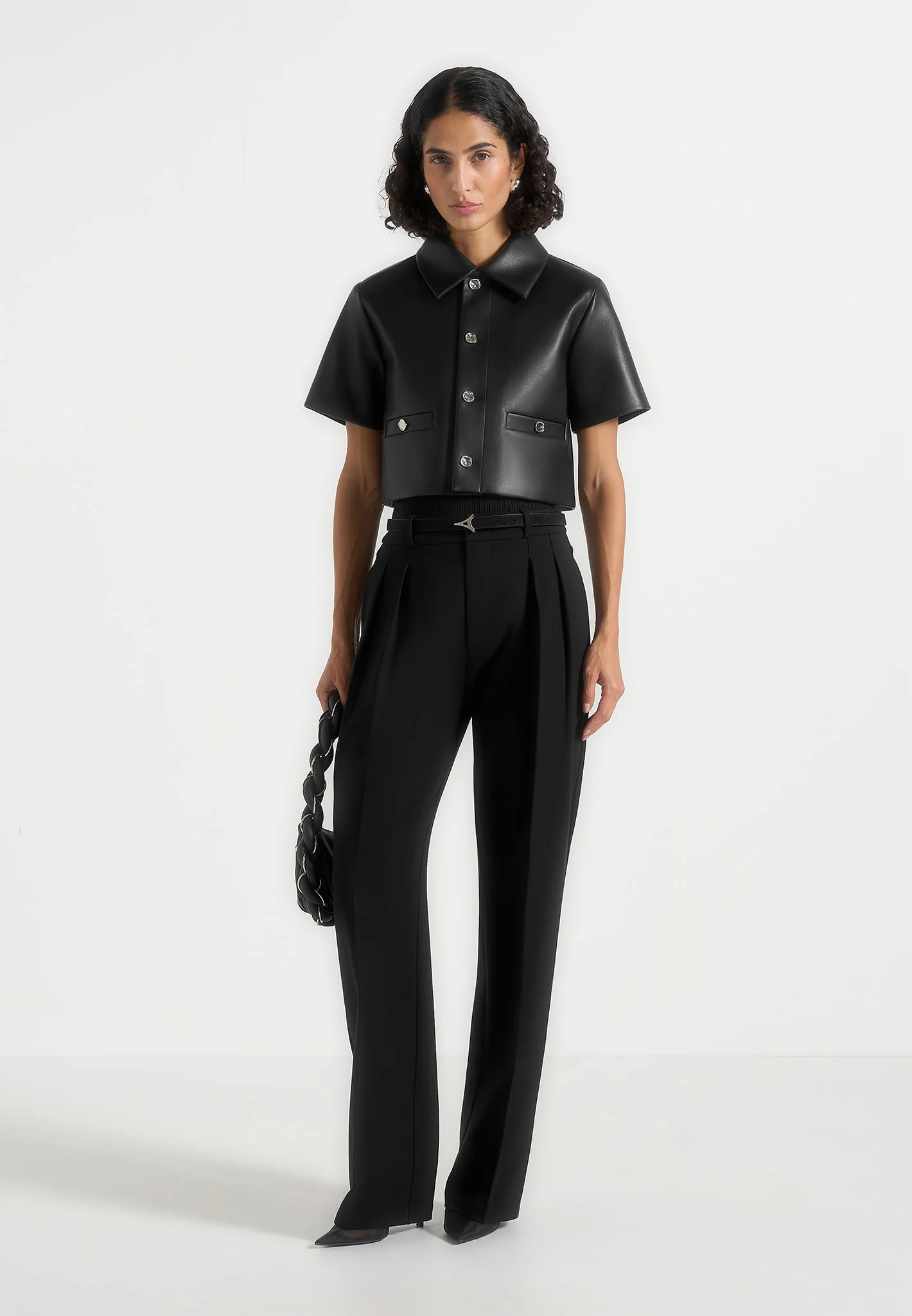 Dory - Leather Cropped Shirt - Black - Image 2