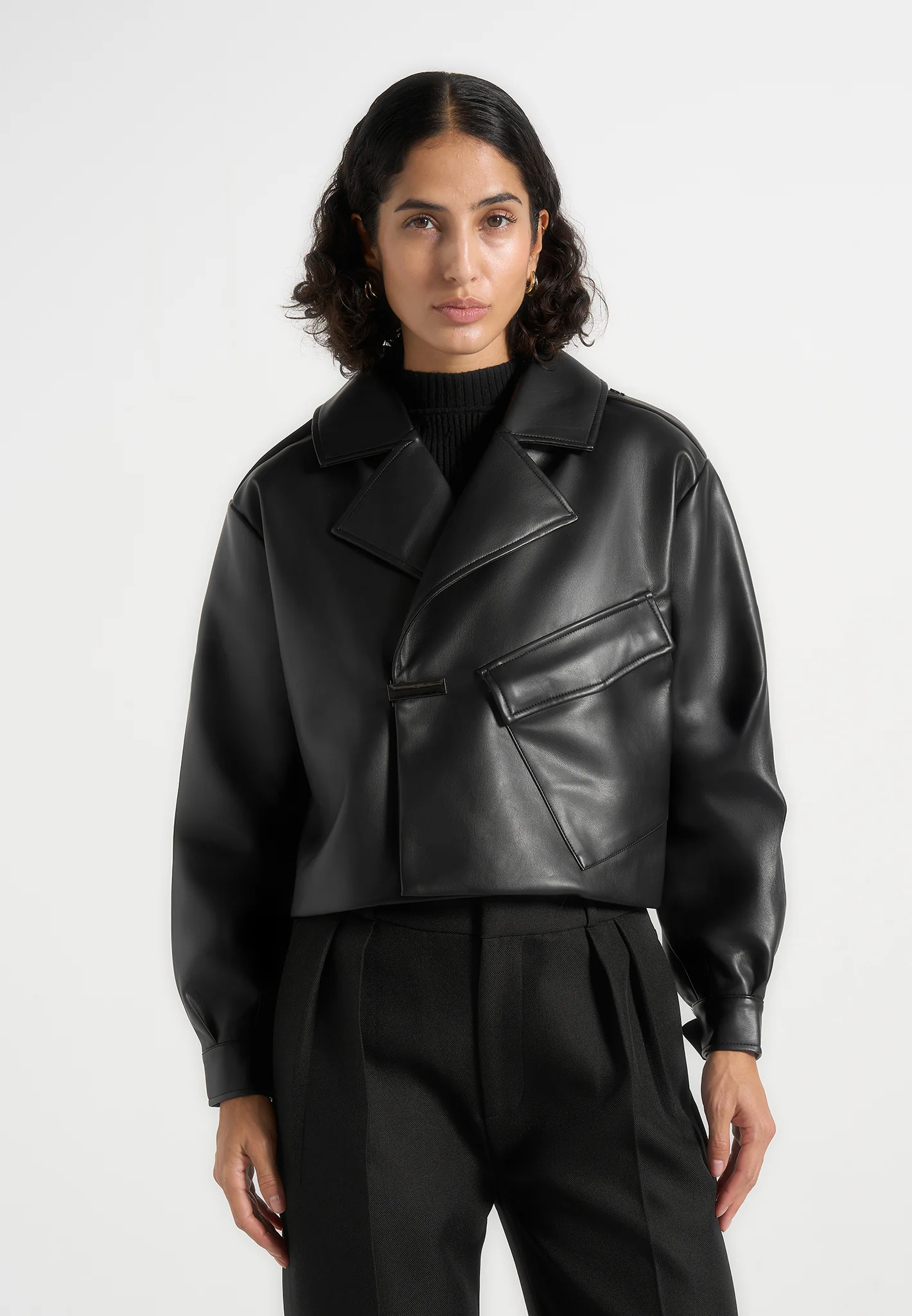 Double Breasted Leather Biker Jacket - Black
