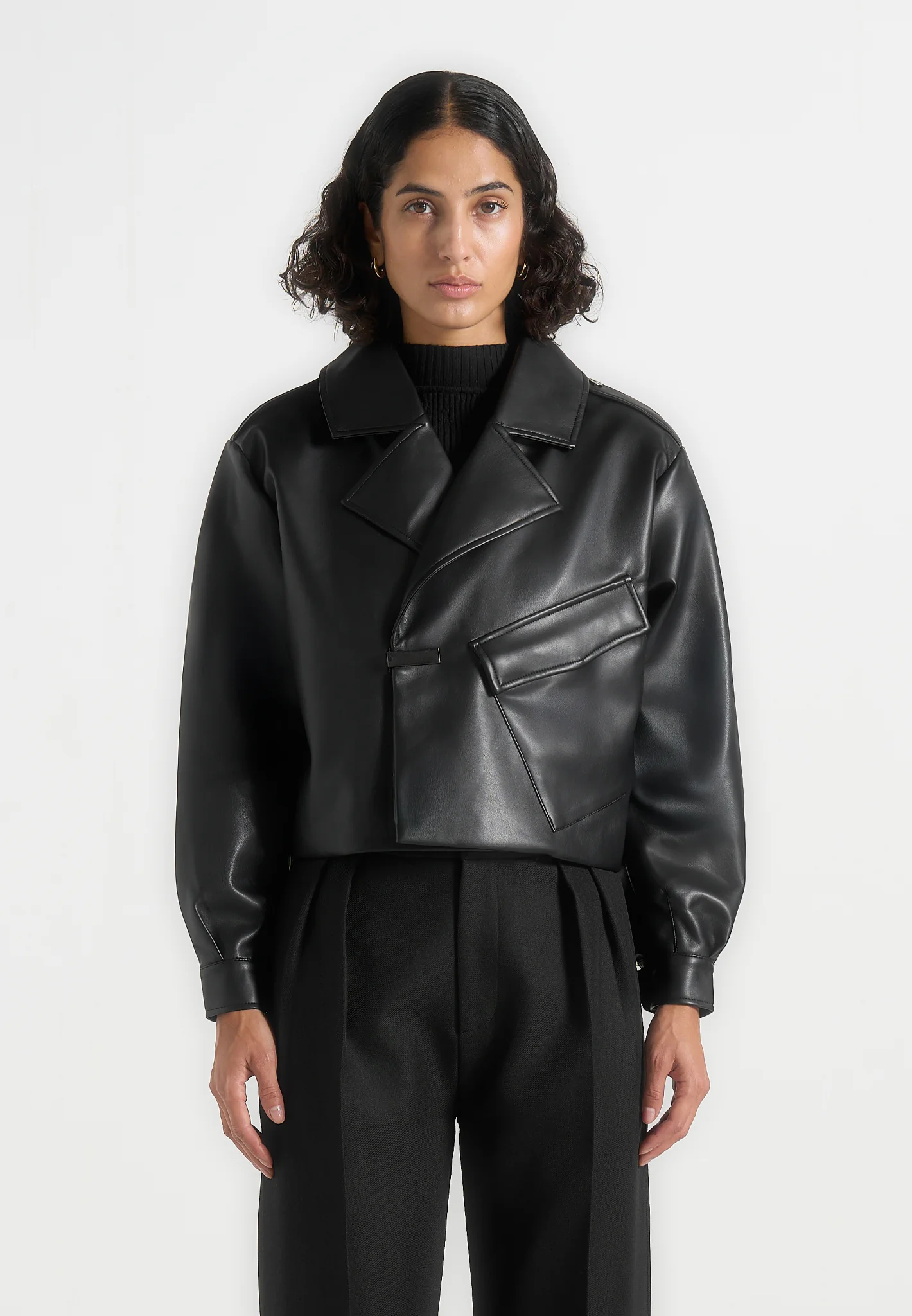 Double Breasted Leather Biker Jacket - Black - Image 4