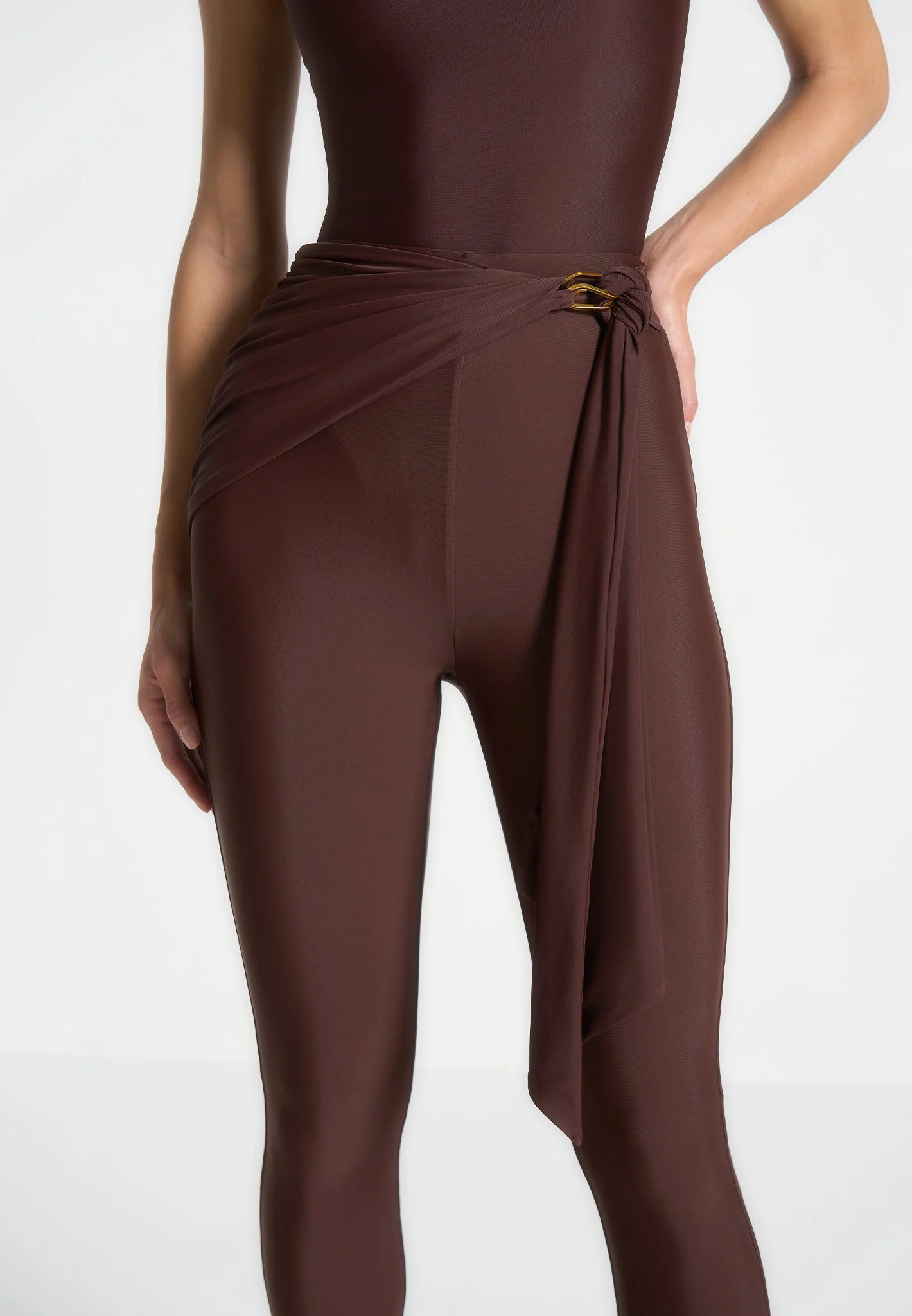 Draped Hardware Detail Leggings - Brown - Image 3