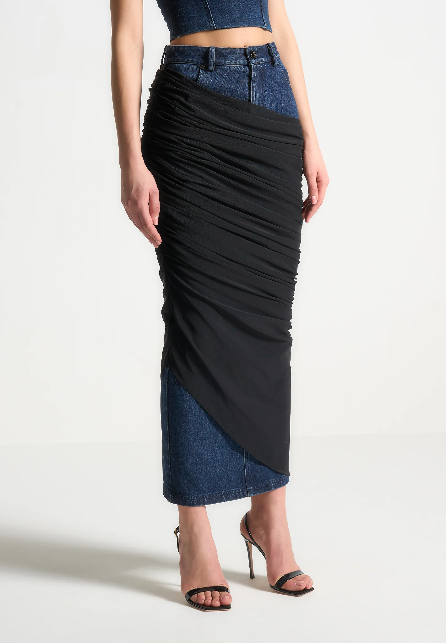 Draped Mesh Denim Maxi Skirt - Indigo