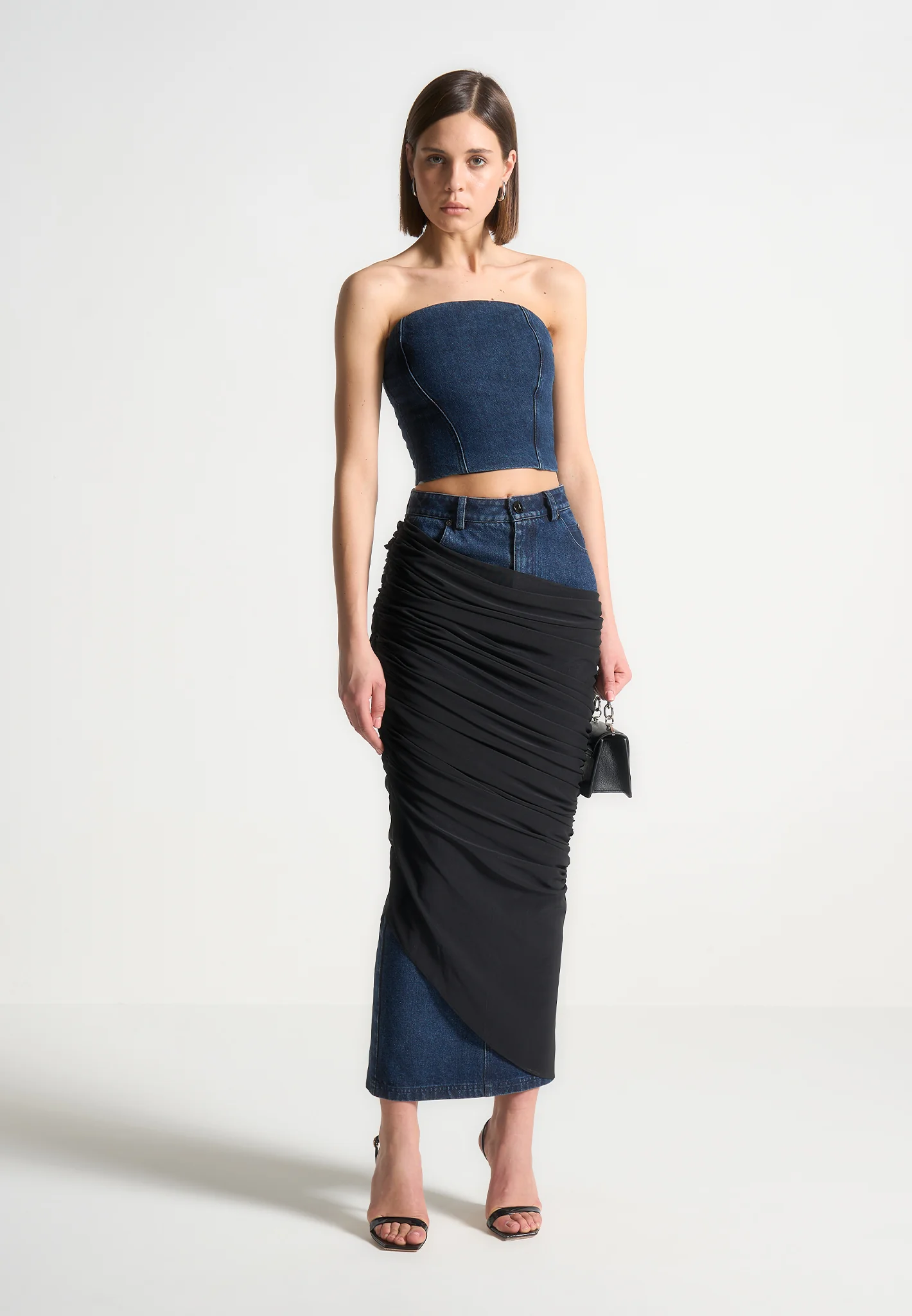 Draped Mesh Denim Maxi Skirt - Indigo - Image 2