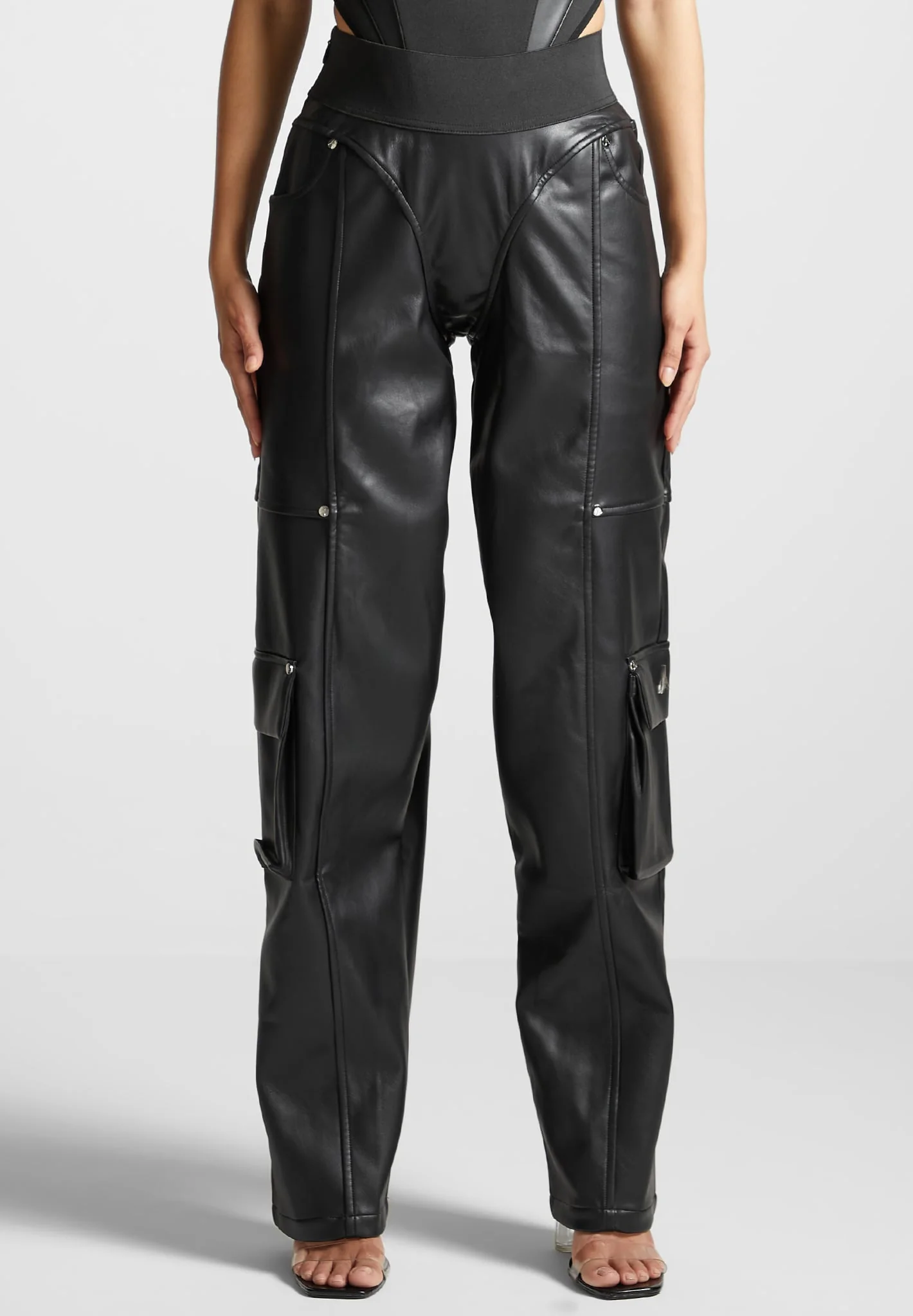 Elasticated Waist Leather Cargo Trousers - Black - Image 4