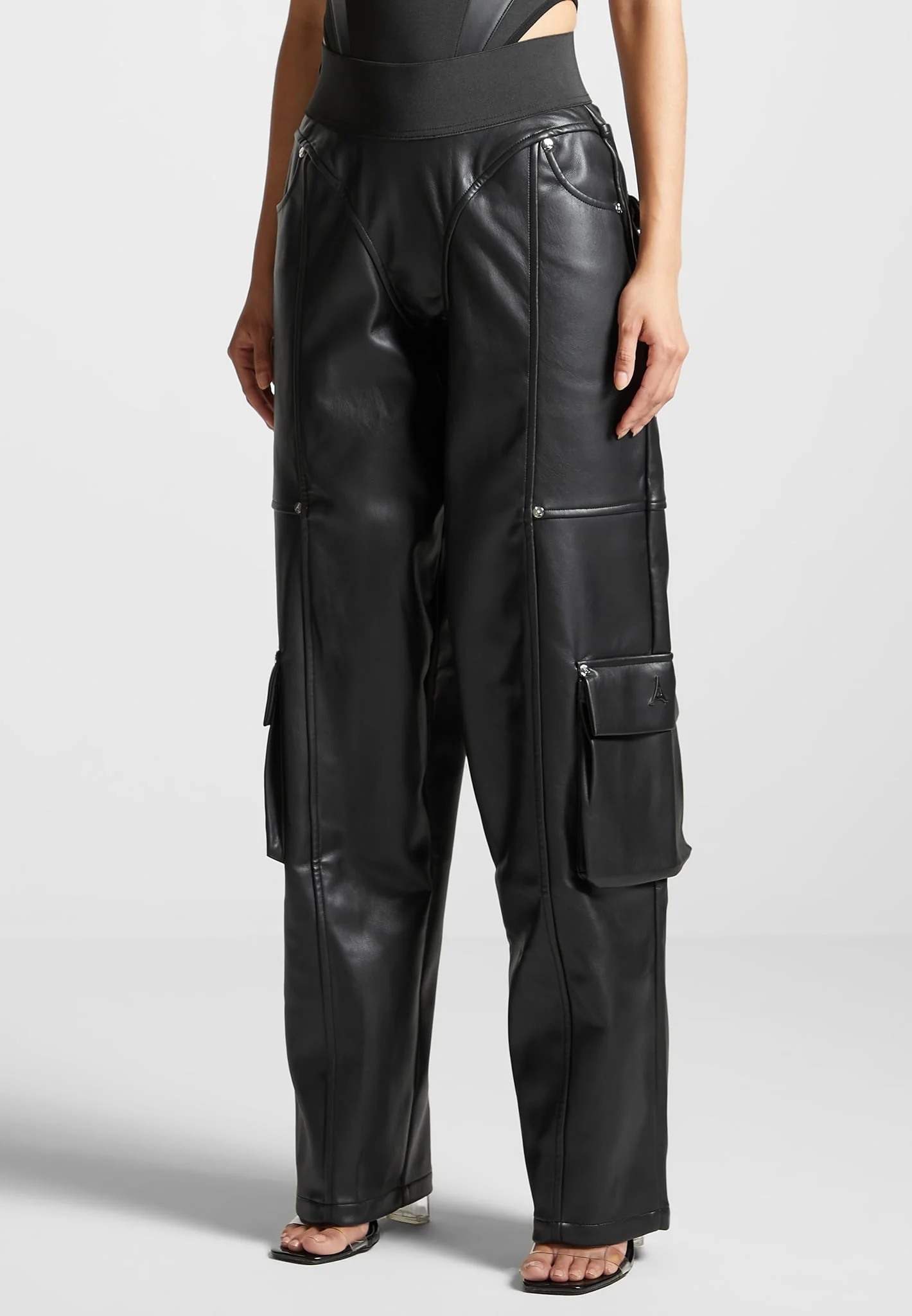 Elasticated Waist Leather Cargo Trousers - Black - Image 5