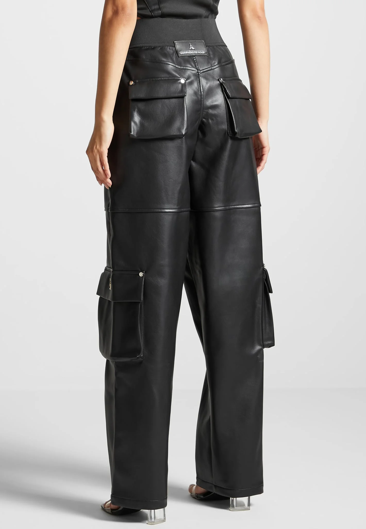 Elasticated Waist Leather Cargo Trousers - Black - Image 6