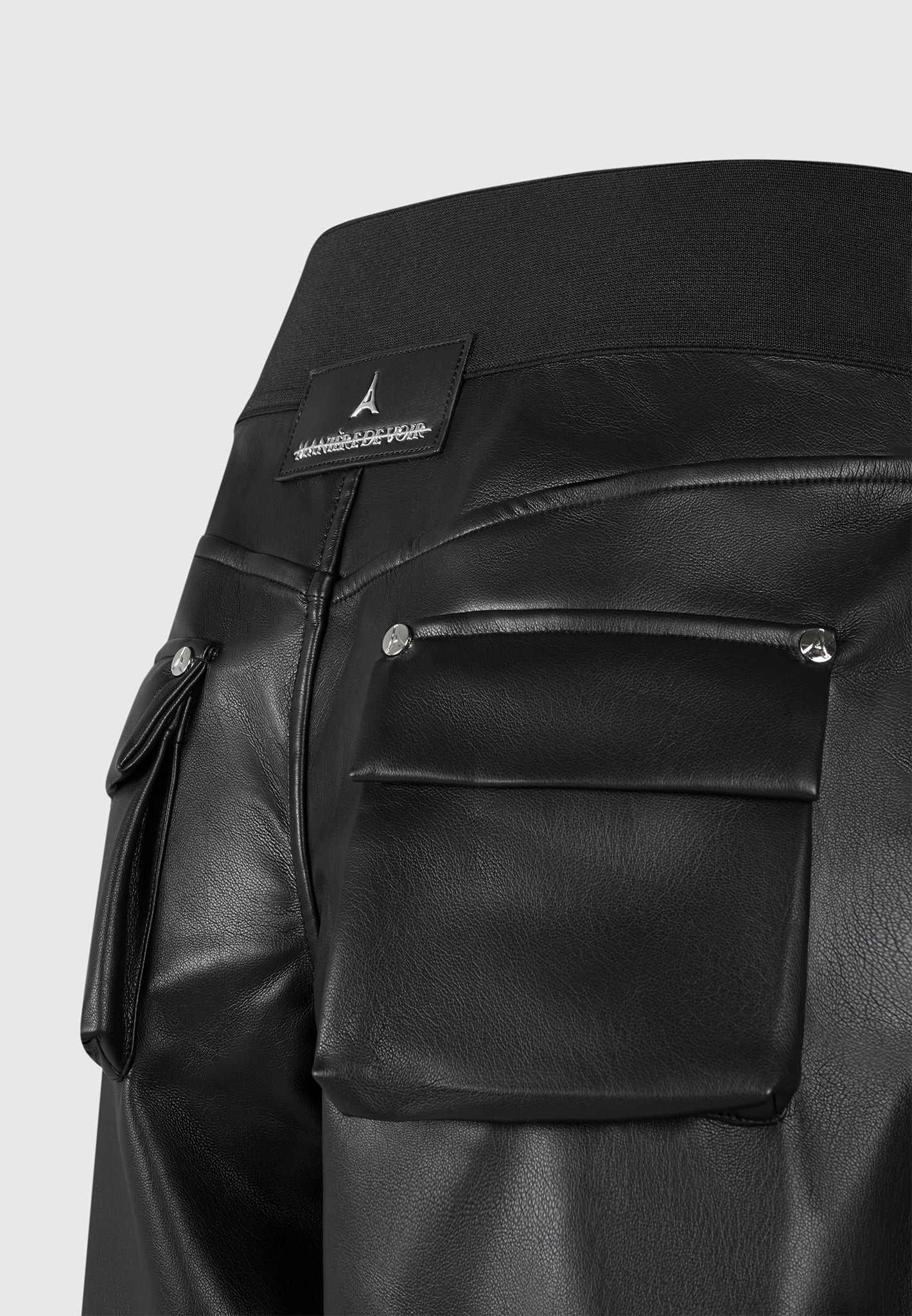Elasticated Waist Leather Cargo Trousers - Black - Image 9