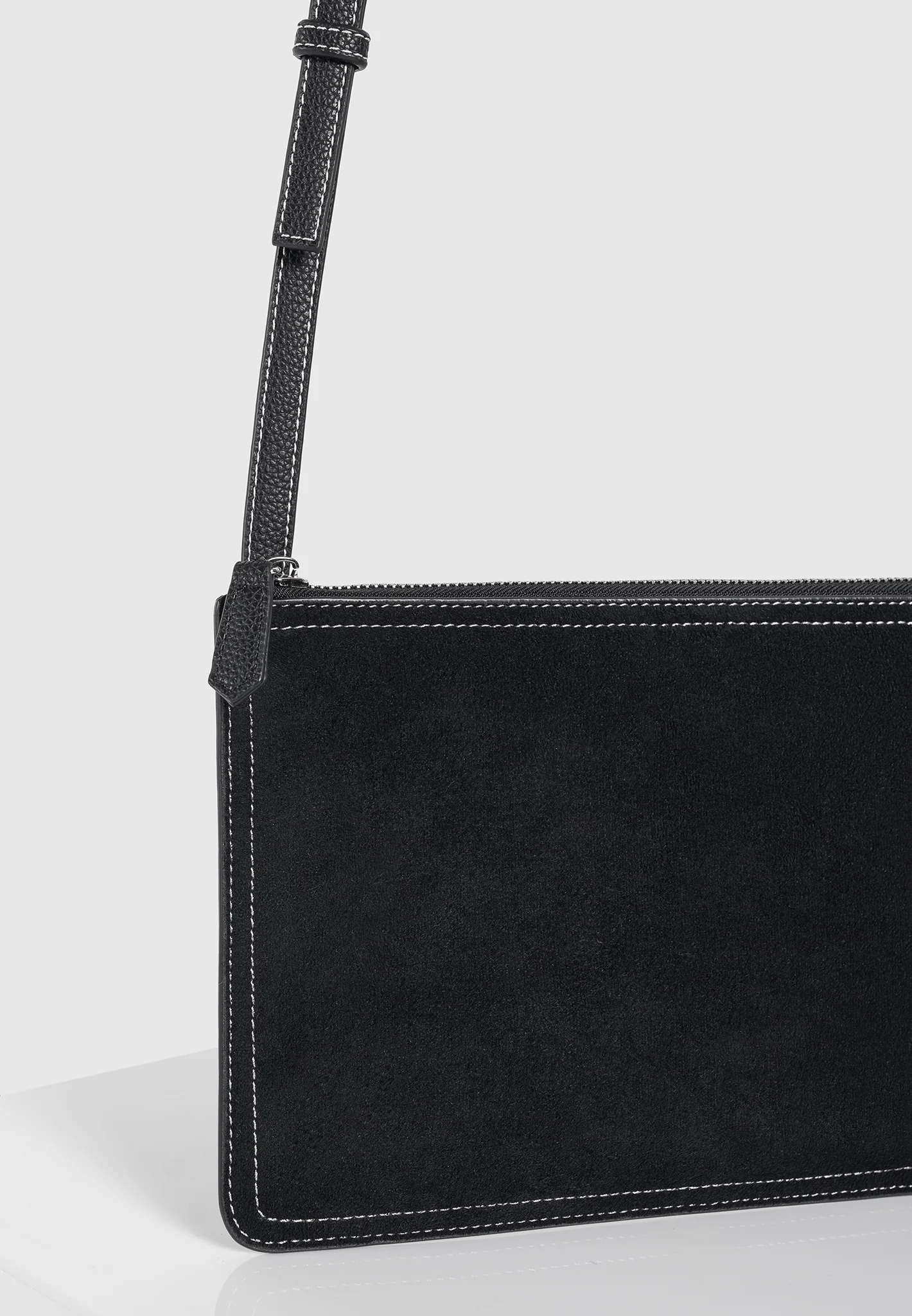 Elio - Suede Contrast Stitch Crossbody Bag - Black - Image 5