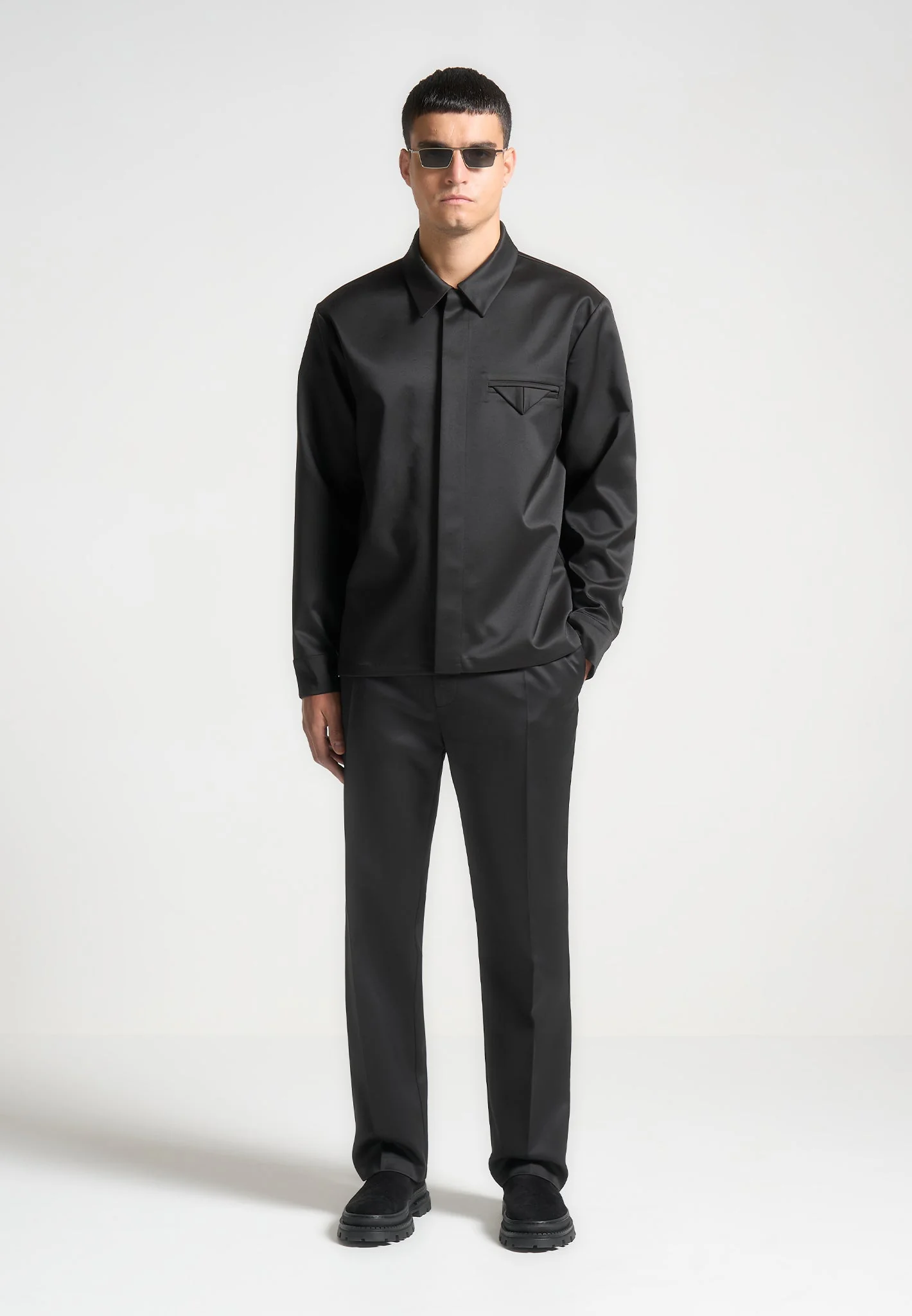 Elliot - Satin Tailored Shirt with Triangle Pocket - Black