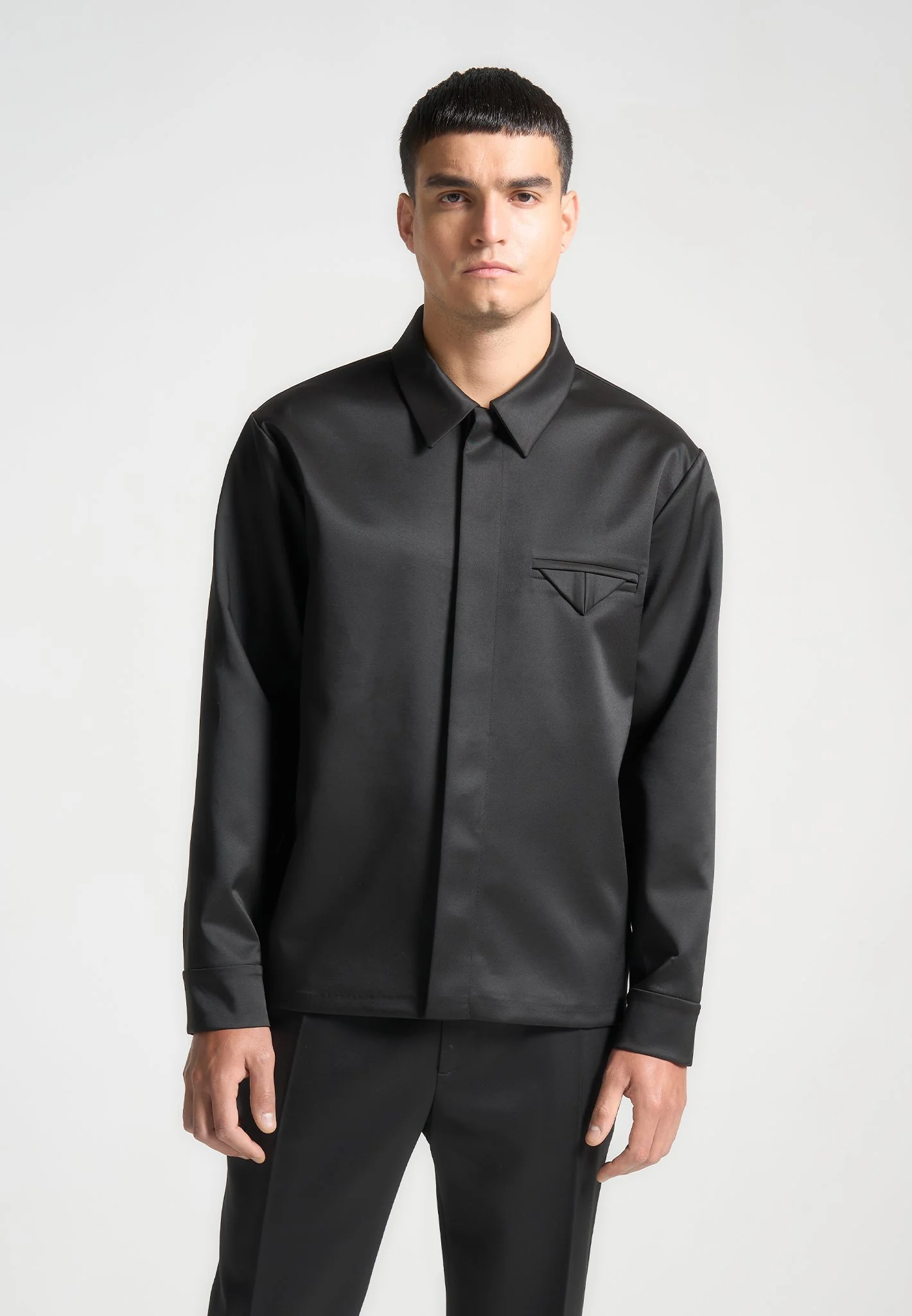 Elliot - Satin Tailored Shirt with Triangle Pocket - Black - Image 2
