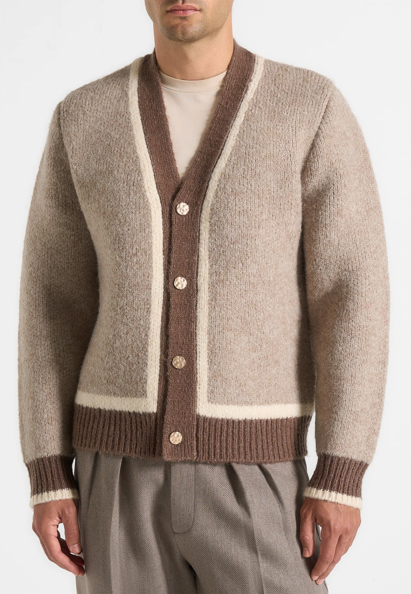 Elon - Wool Knit Contrast Cardigan - Beige - Image 3