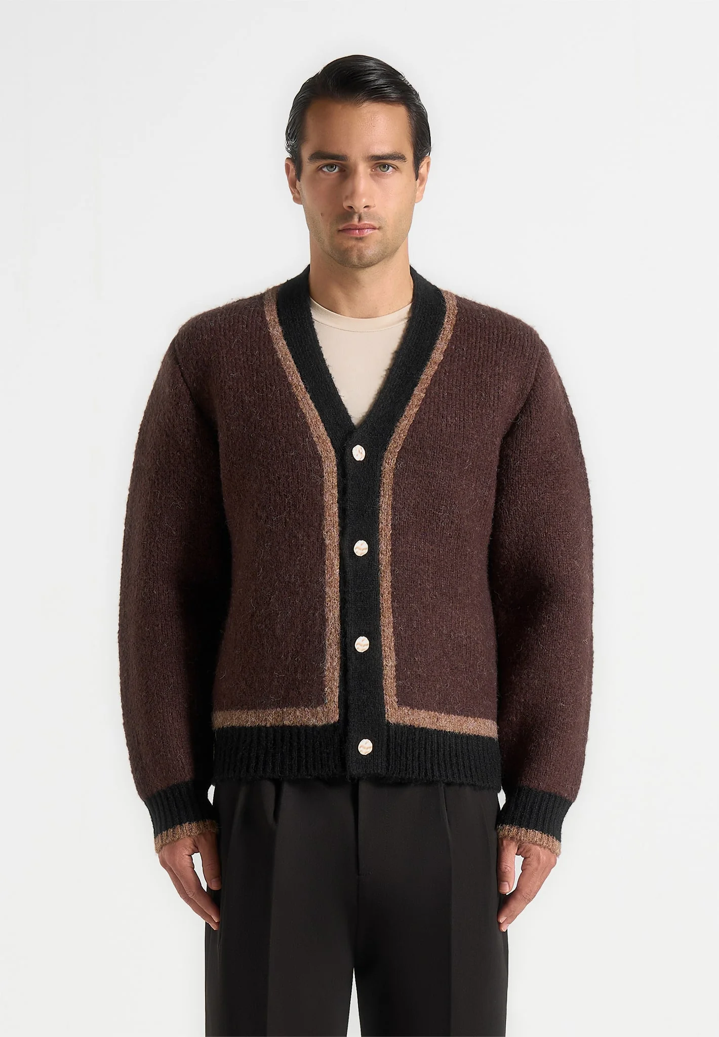 Elon - Wool Knit Contrast Cardigan - Brown - Image 3