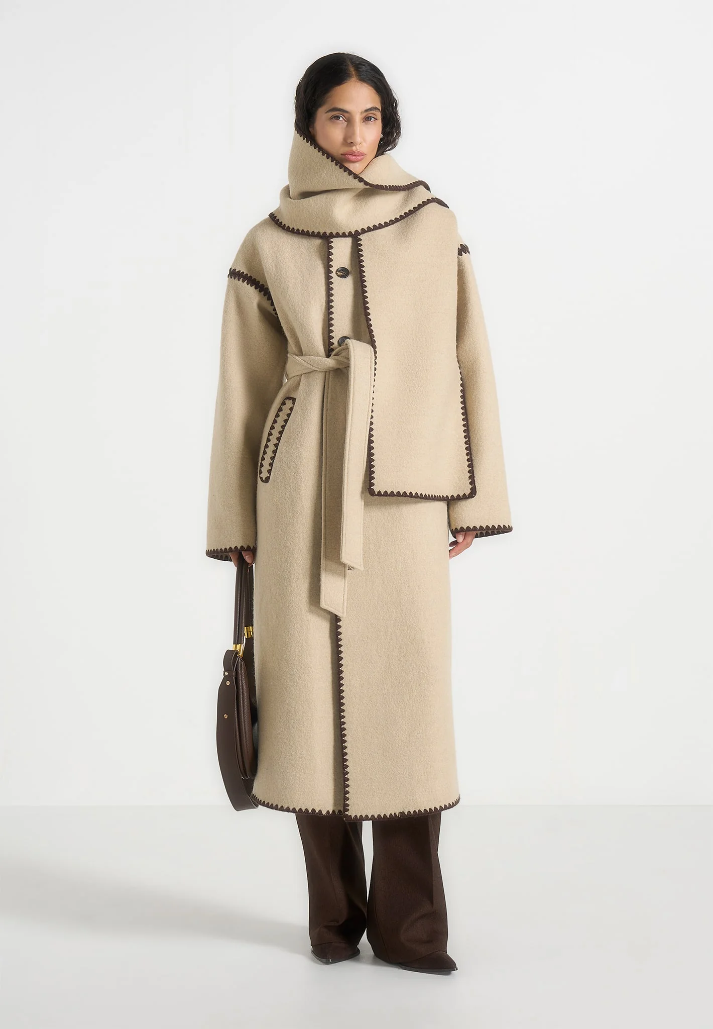 Elora - Wool Blanket Stitch Belted Longline Coat - Beige - Image 2