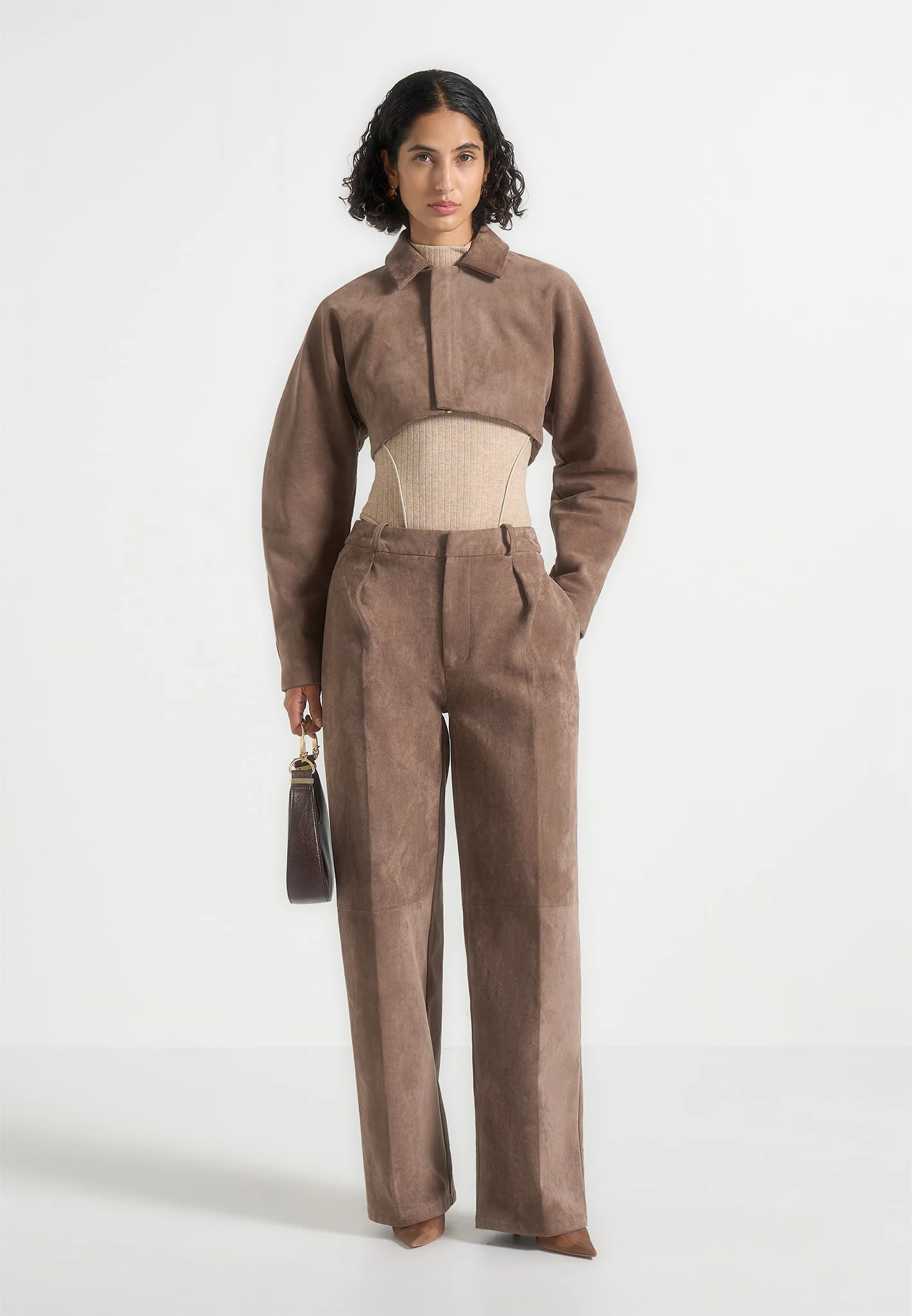 Elya - Suede Super Cropped Jacket - Taupe - Image 2