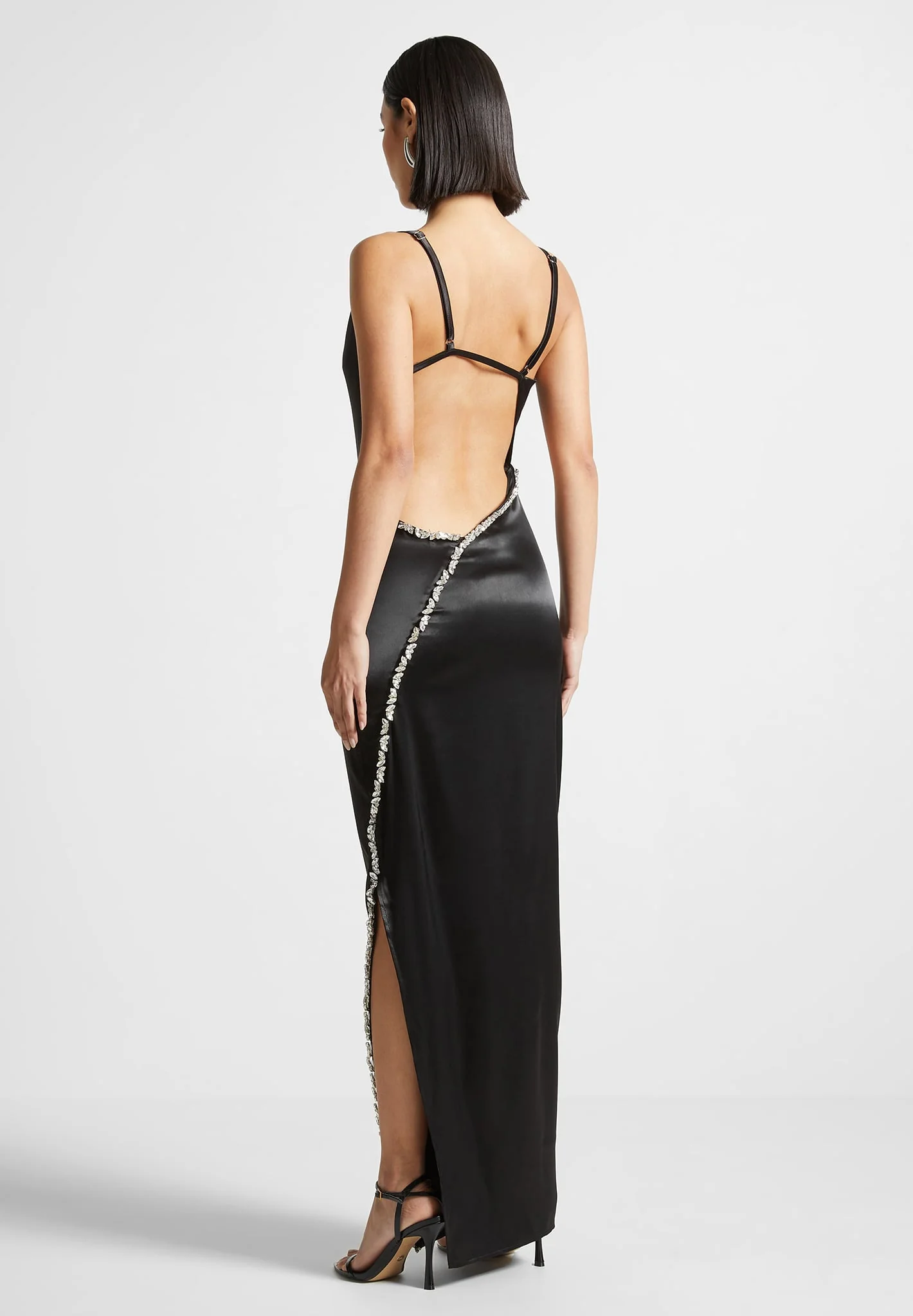 Embellished Open Back Satin Midaxi Dress - Black - Image 6
