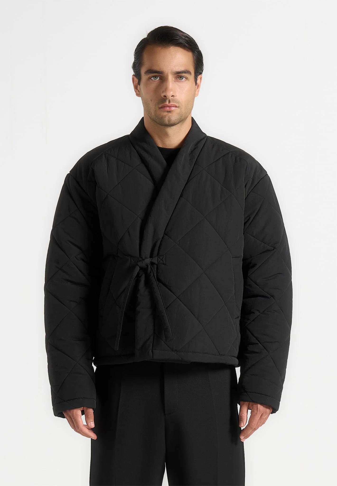 Emil - Kimono Quilted Wrap Puffer Jacket - Black - Image 4