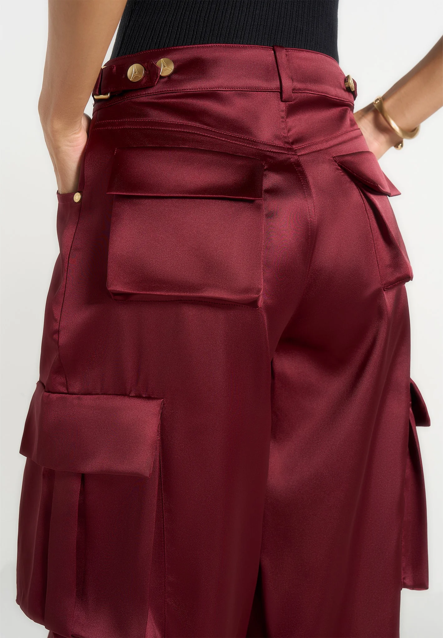 Emilie - Satin High Waisted Cargo Pants - Wine Red - Image 4